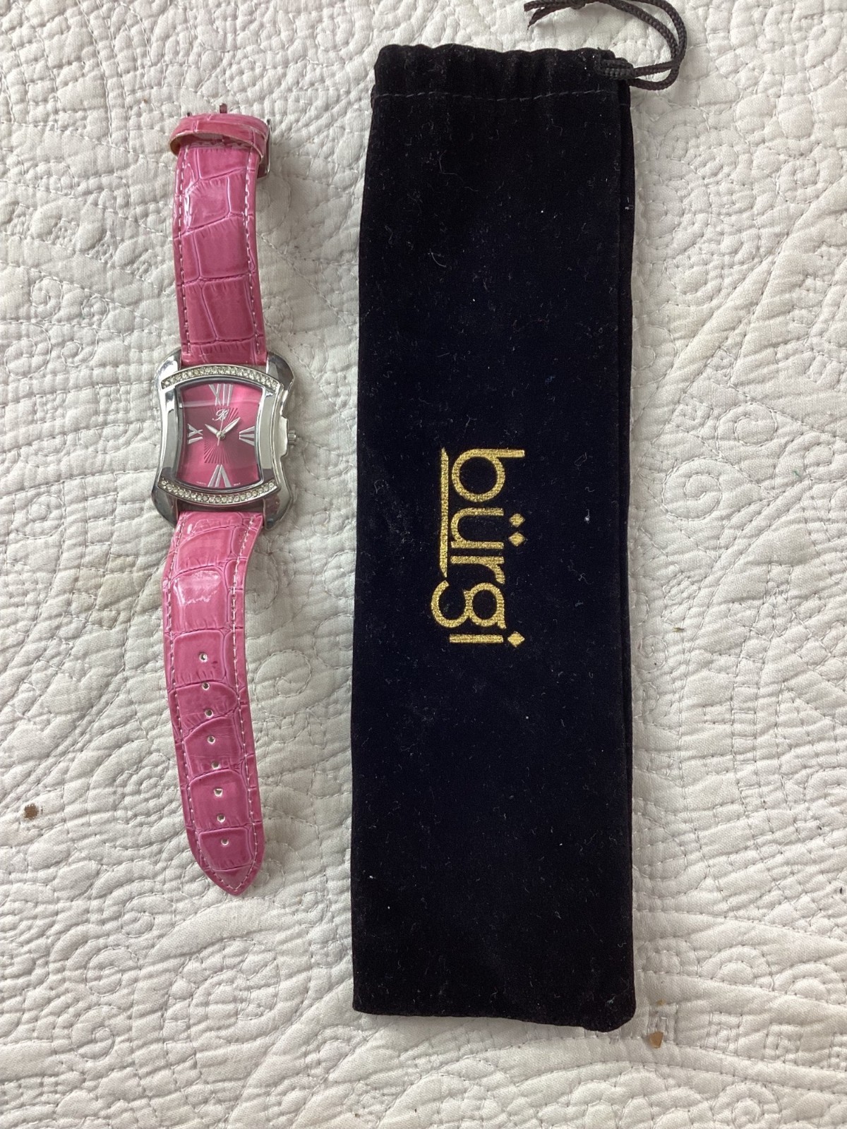 Burgi Quartz Womens Watch*Pink Dia*Croc-Embossed Strap*Rhinestones*Velvet Pouch