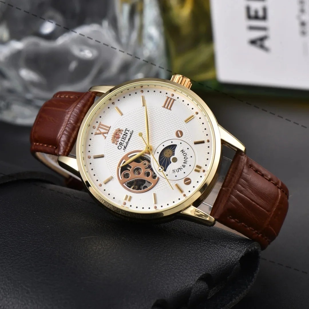 Orient Sun & Moon Semi Skeleton Automatic Watch Men’s Leather Strap Luxury Gift
