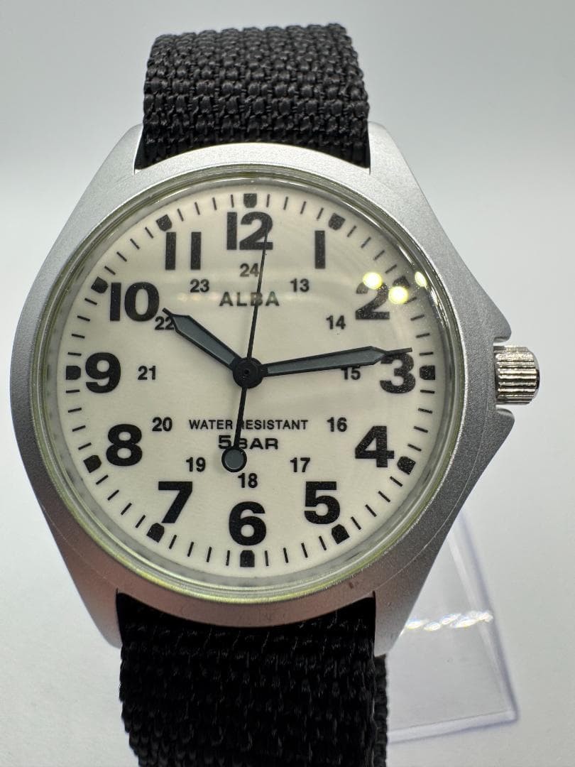 ALBA VJ21-KP20 Military Quartz Watch Off-White Dial 24H Nylon Strap New Battery