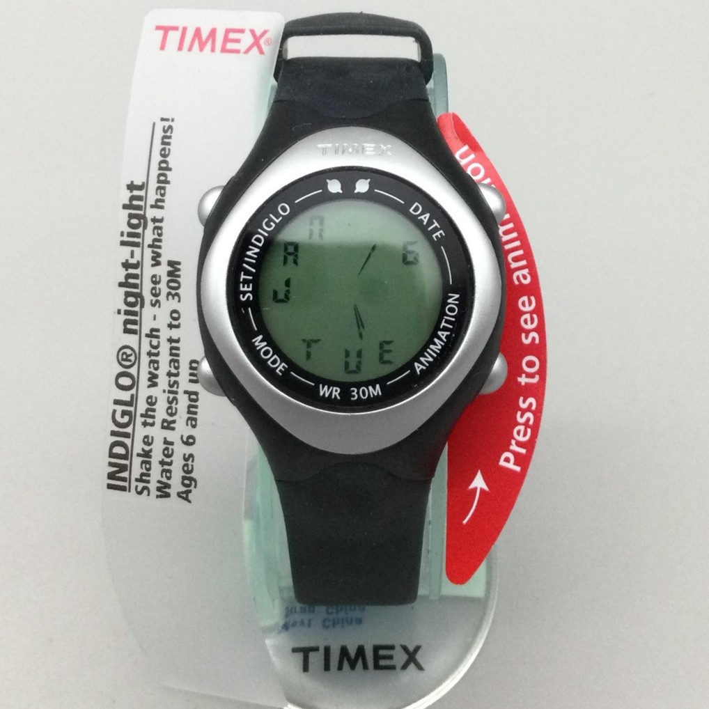 Timex Kids Digital Watch 34mm Indiglo Night-Light Animation Black New Battery
