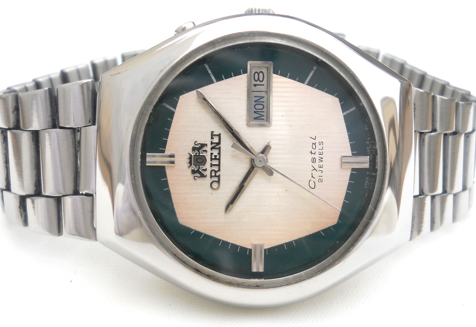 Vintage Orient Crystal Automatic Watch Two-Tone Green White Dial 21J Japan