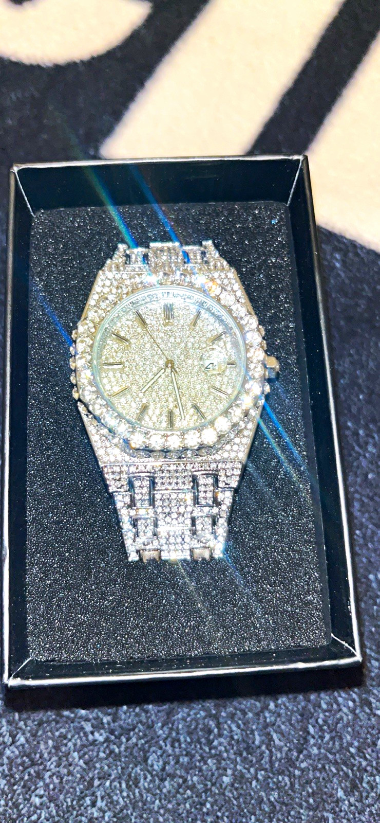 Silver-Tone Iced-Out Analog Quartz Watch 40mm Metal Bracelet w/ Box