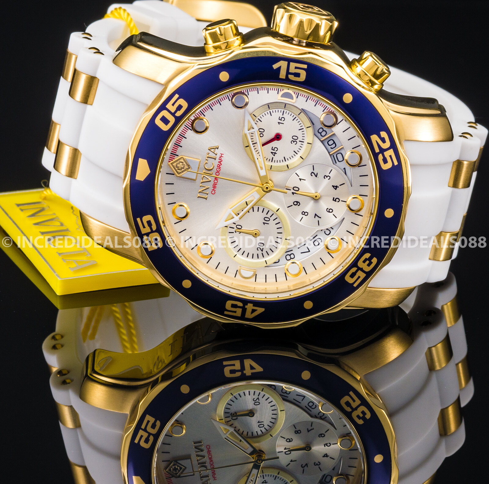 Invicta Men PRO DIVER SCUBA CHRONOGRAPH Gold Blue Silver Dial White Strap Watch