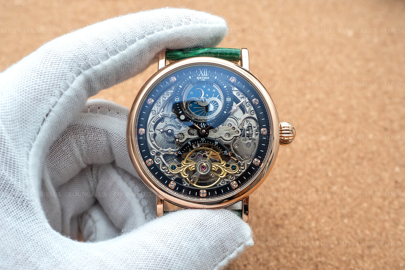Mens Dual Time Automatic Mechanical Skeleton Watch Rose Gold Green Leather