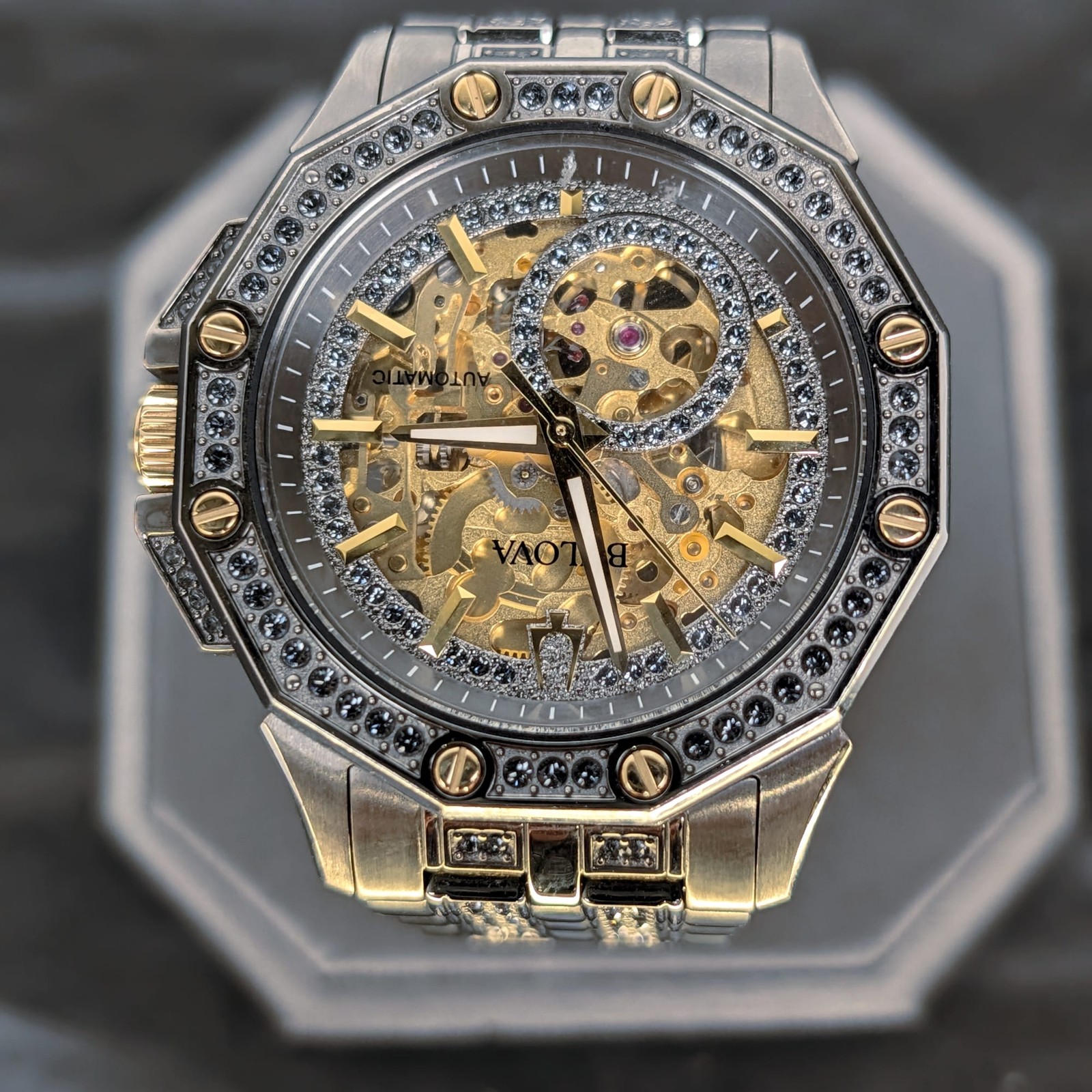 Bulova Octava 98A293 Men’s Automatic Skeleton Crystal Collection Gray Watch
