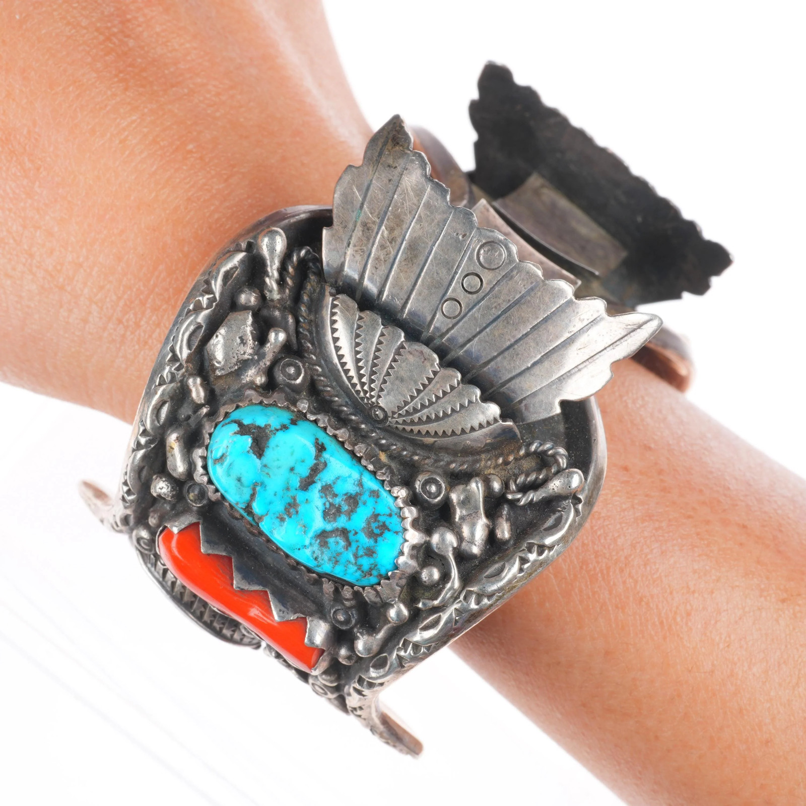 7″ Heavy vintage Navajo sterling silver turquoise/coral watch cuff bracelet