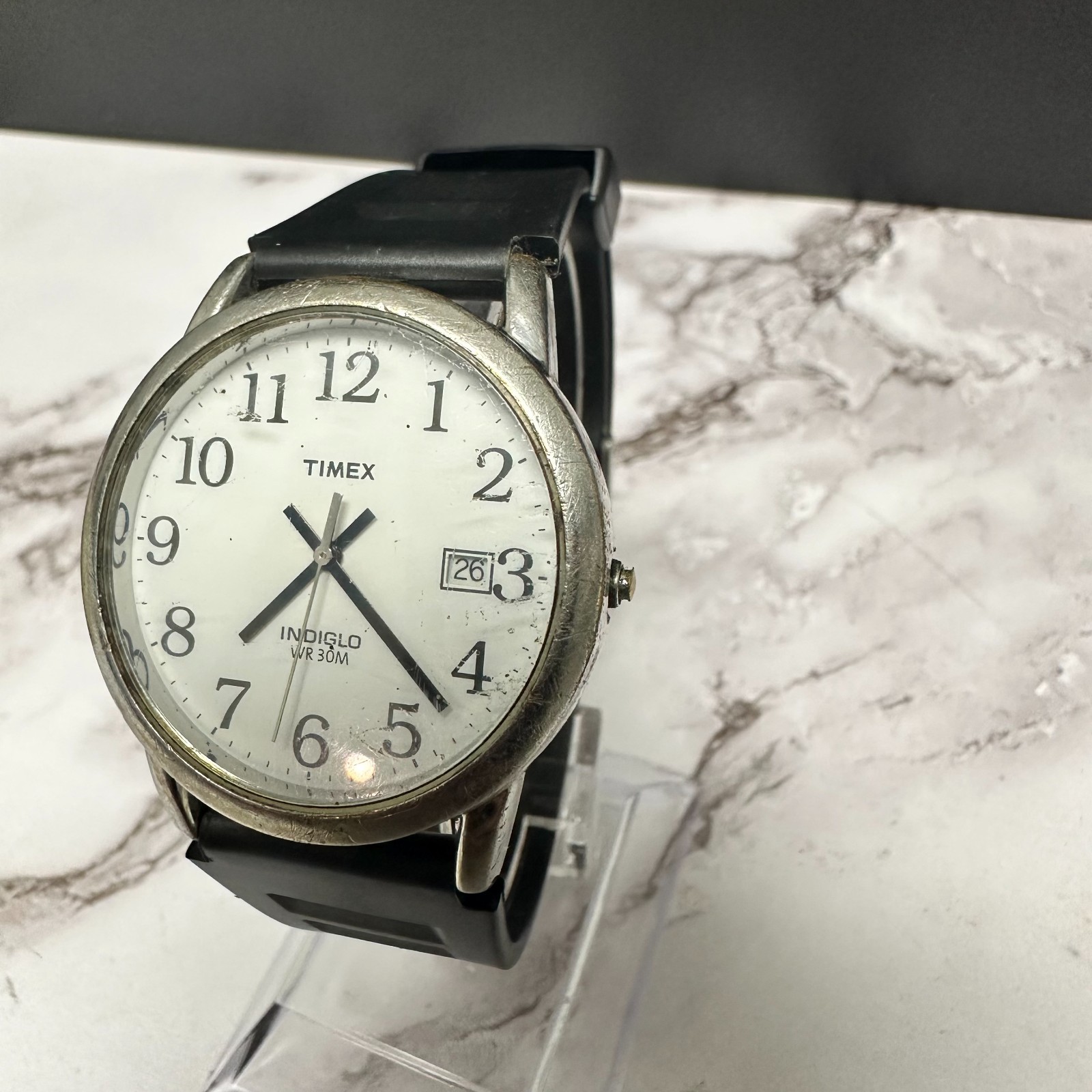Timex Easy Reader Watch Men Silver Tone MISSING CROWN TOP Working 9.5″
