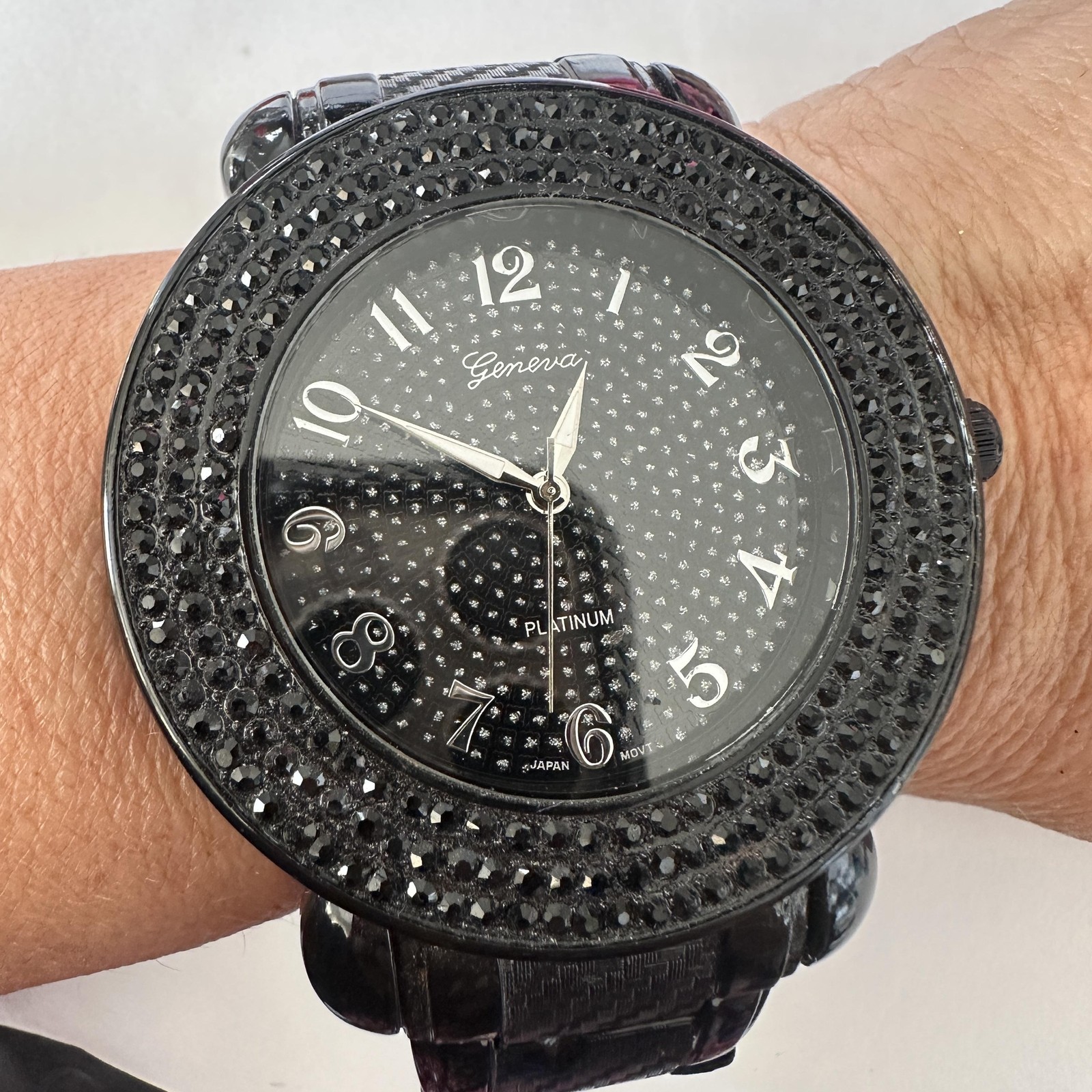 Geneva Watch 45mm Black Dial Crystal Bezel Black Acrylic Bracelet Oversized Glam