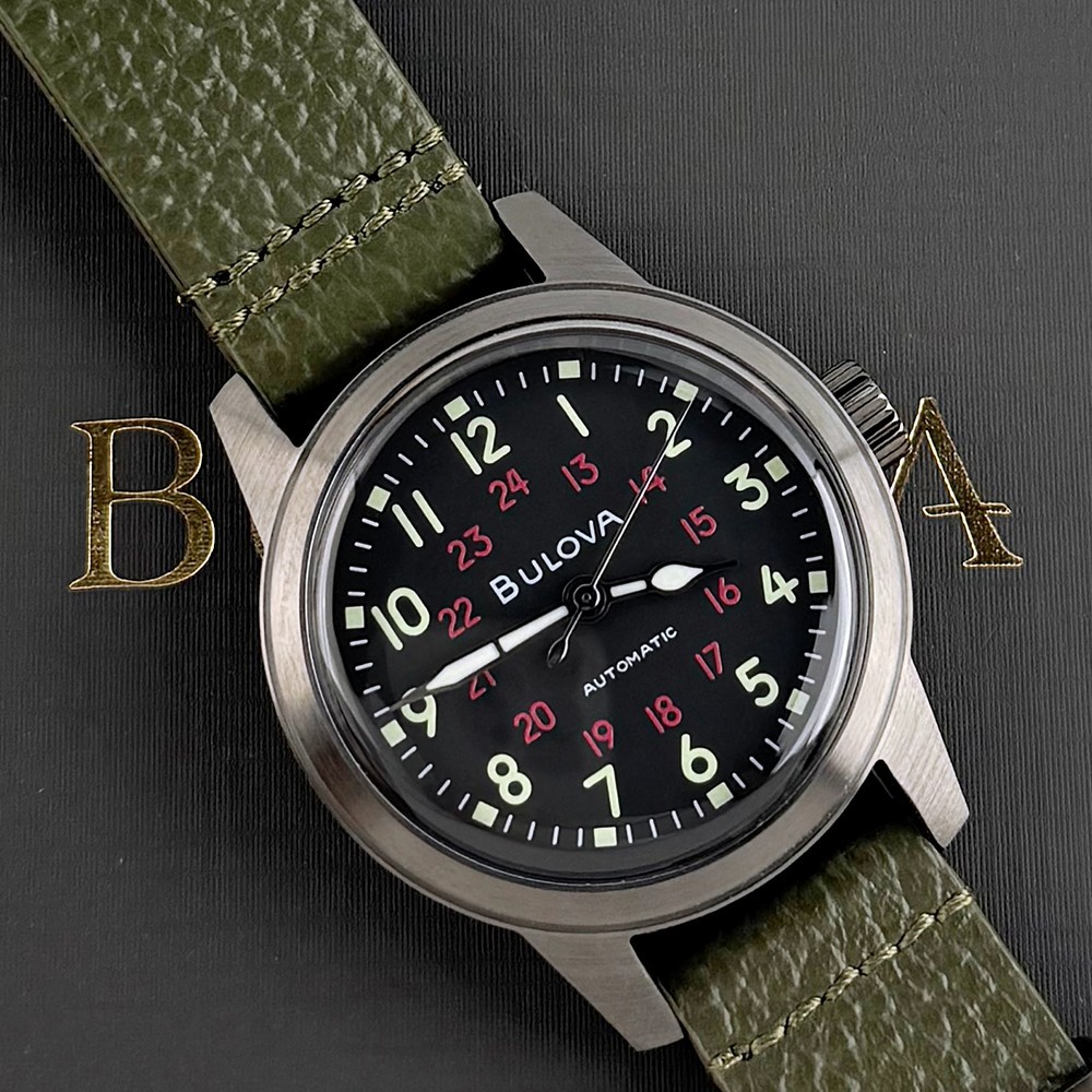Bulova Men’s Hack Automatic Black Dial Green Leather Strap Watch 98A255