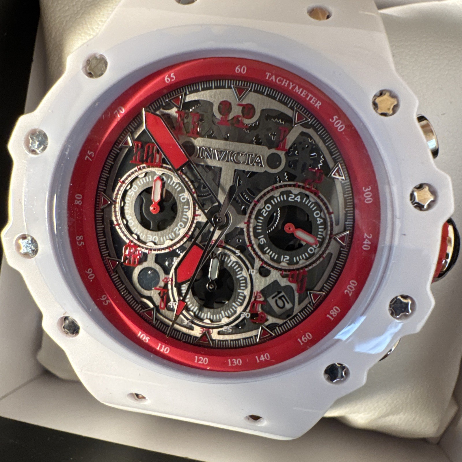Invicta 69660 White Red Chronograph Skeleton Dial 44mm New In Box Watch