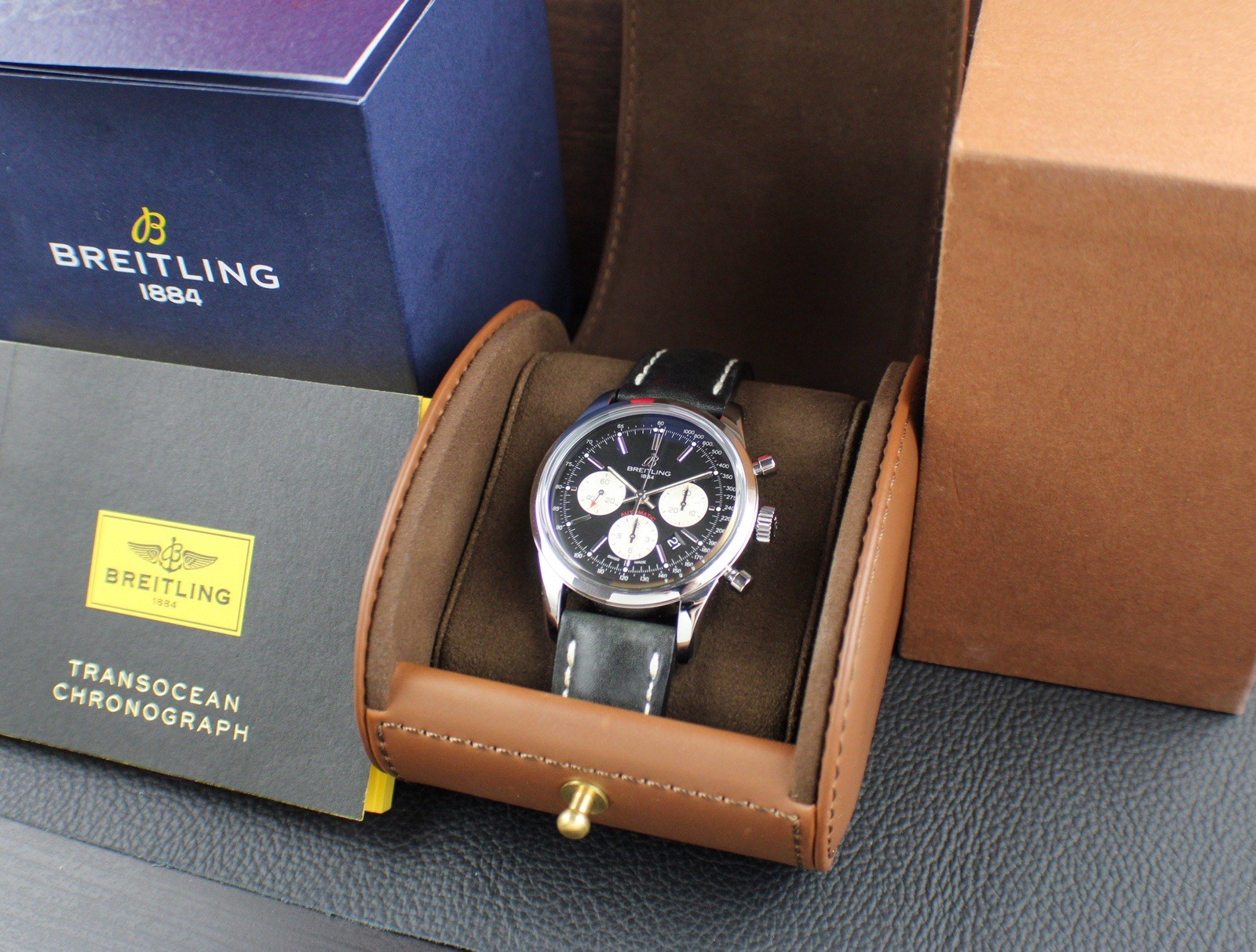 Breitling Transocean AB0152 Stainless Steel Chronograph Box 43mm Black White Red