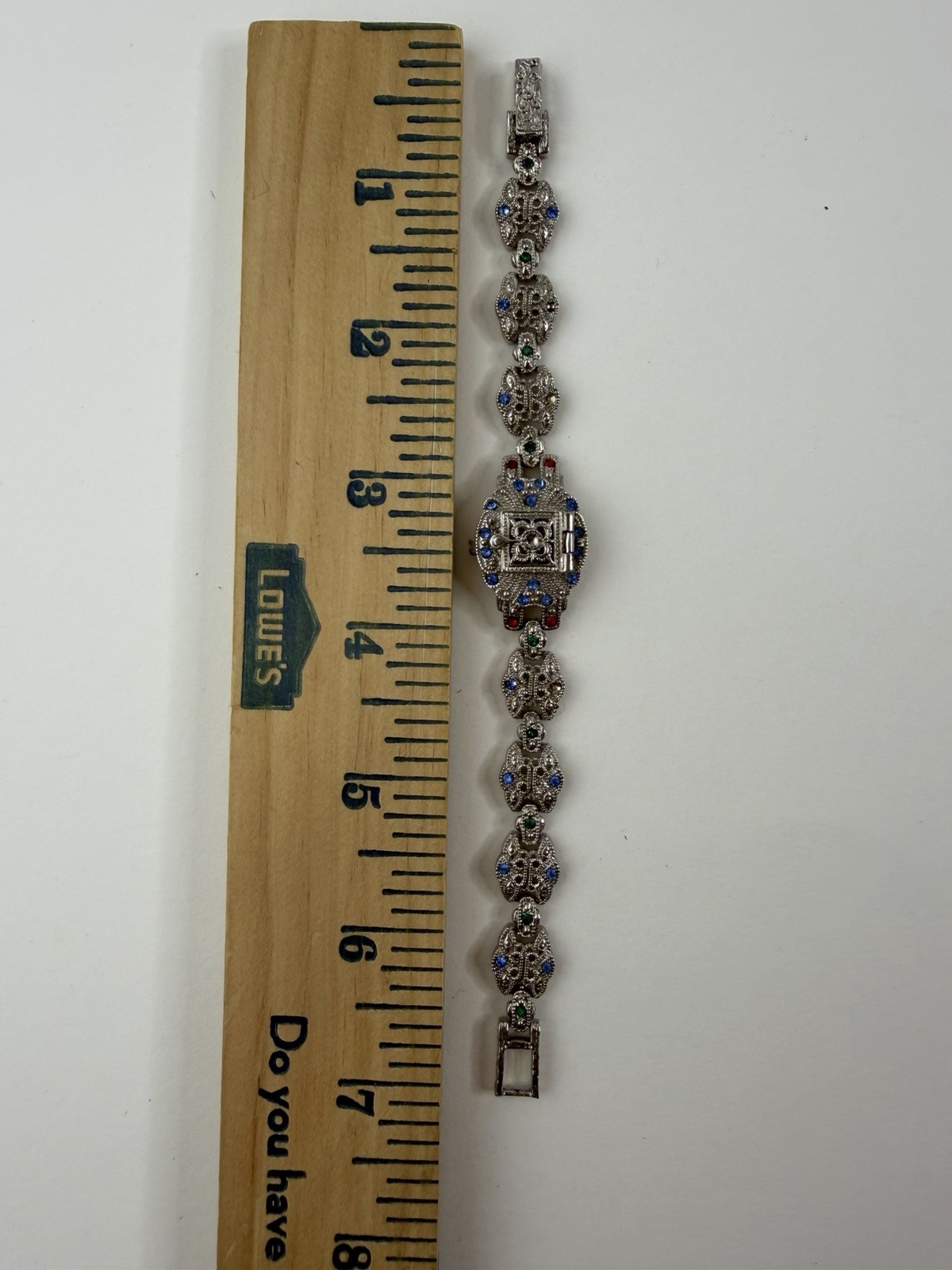 Vintage Judith Ashley Quartz Watch Hinged Cover Ornate Jeweled Bracelet Watch