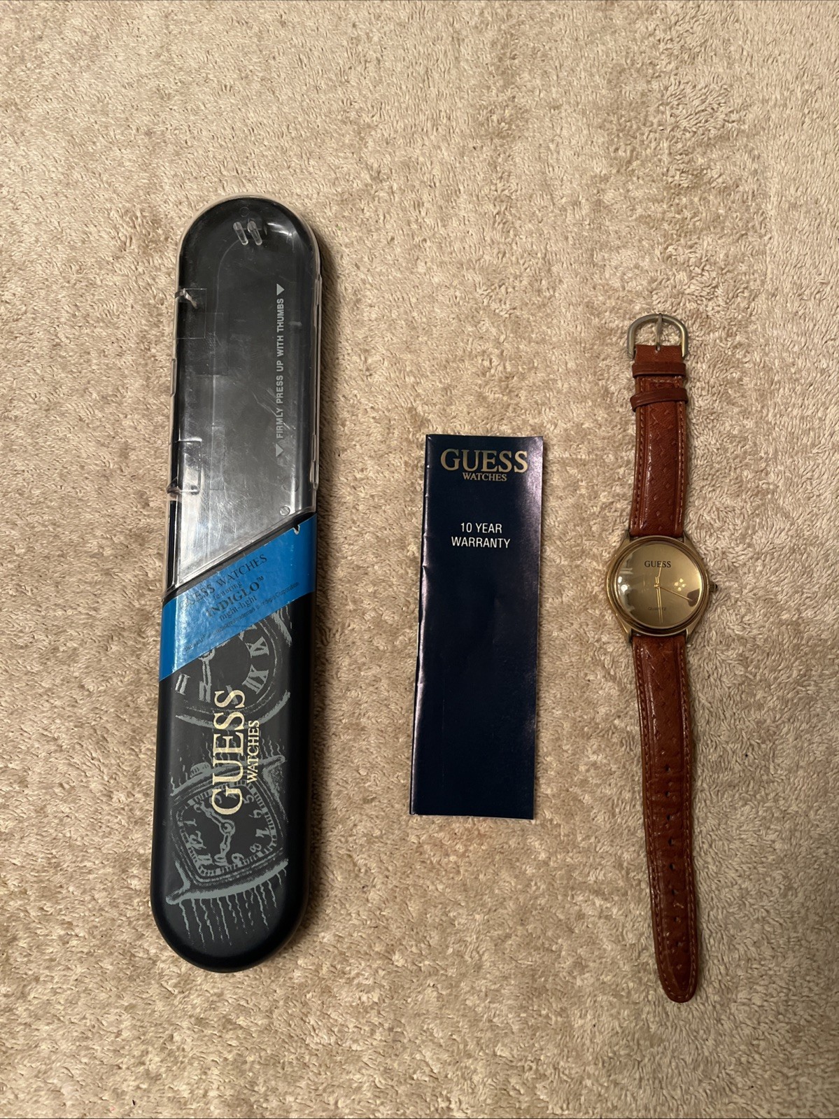 Guess Indiglo Night Light Brown Leather Quartz Water Resistant Watch 1991 Japan