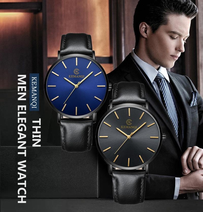 Ultra-thin Dial With Leather Band Numberless Quartz Wristwatches For Men
