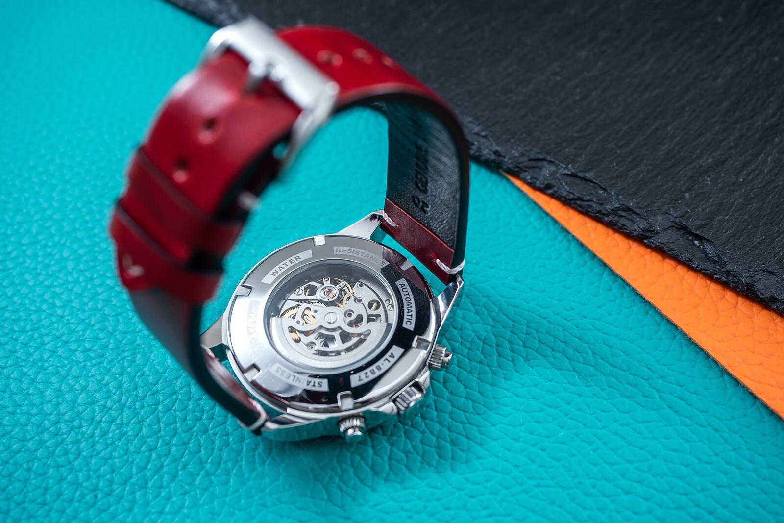 Mens Automatic Mechanical Watch Calendar Silver Dark Red Oil Waxed Leather Gift