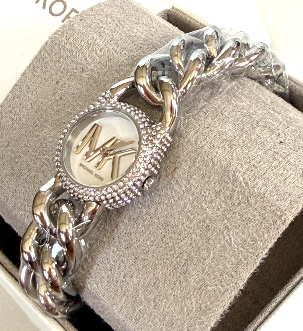 MICHAEL KORS OUTLET Petite Pavé Silver-Tone Chain-Link Watch BNWT Gift Box $275