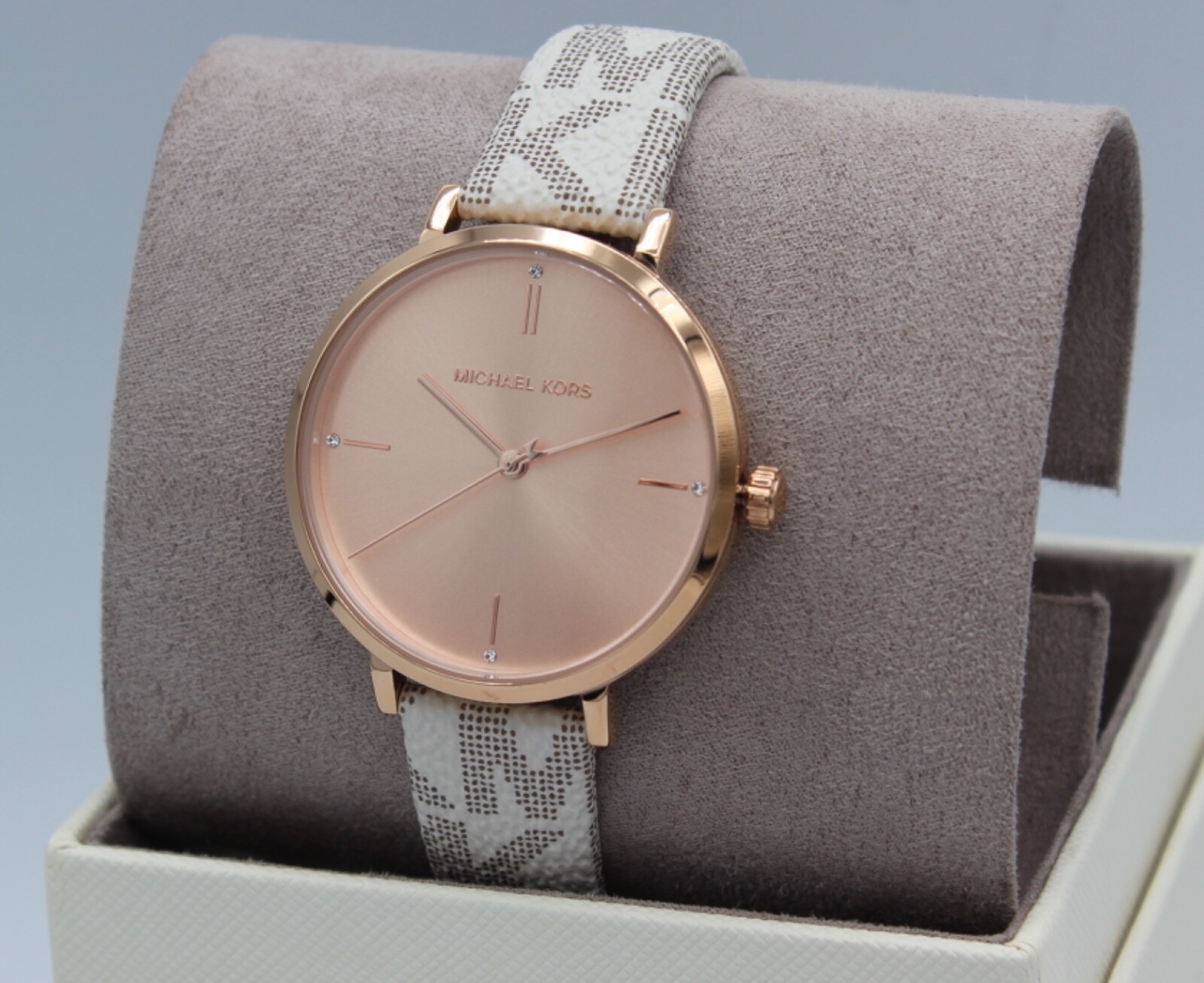 NEW AUTHENTIC MICHAEL KORS JAYNE VANILLA WHITE ROSE GOLD PVC WOMENS MK7128 WATCH