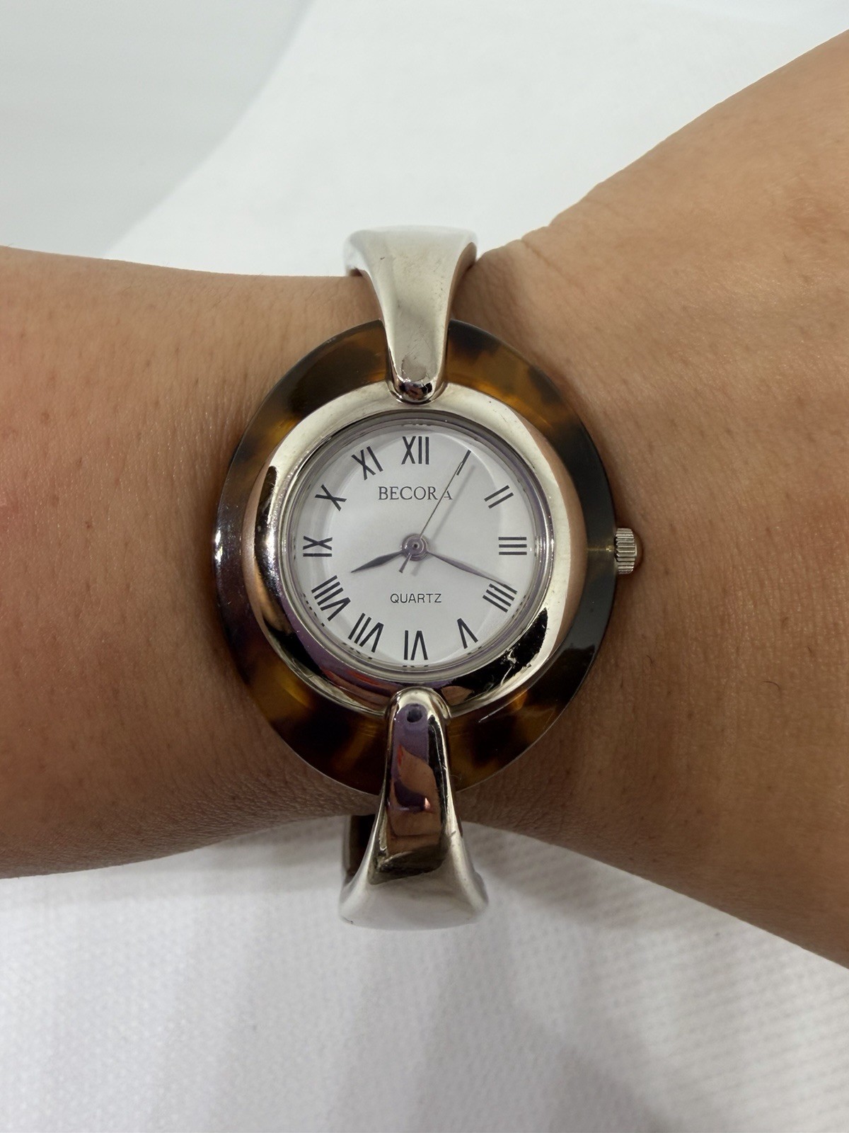 Becora Quartz Hinged Bangle Watch Silver Tone & Tortoiseshell Women’s Bracelet