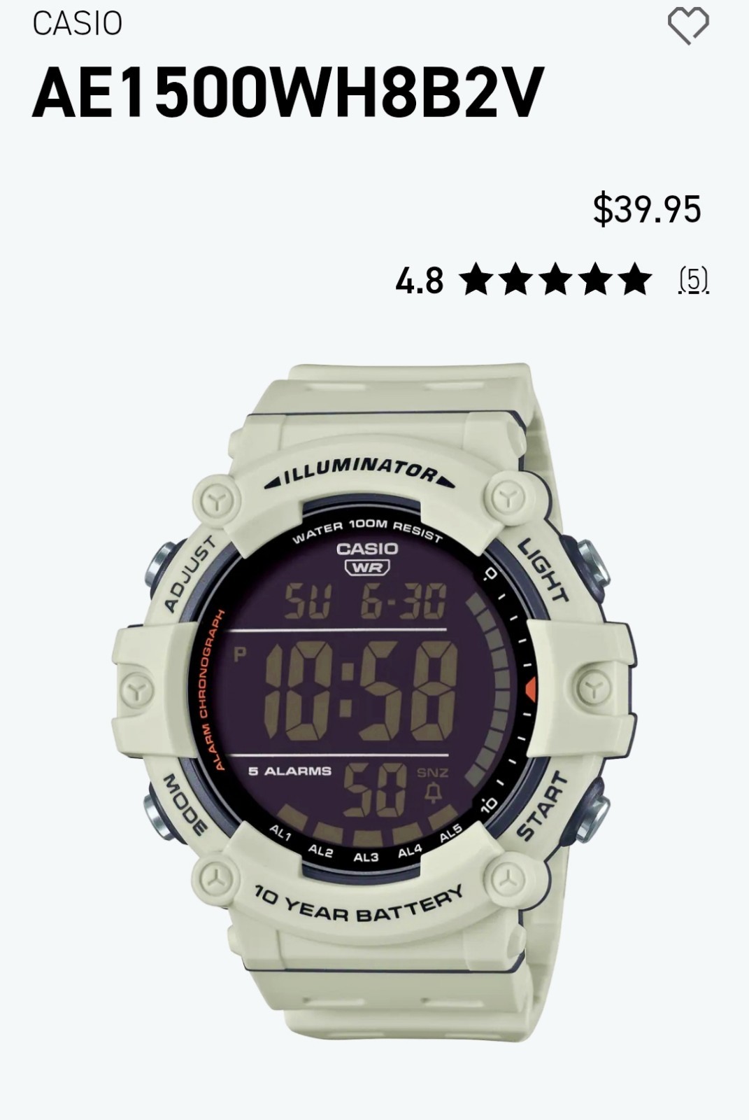 ⌚Casio AE1500WH-8B2 Chronograph 5 Alarms Illuminator 10yr Battery READ