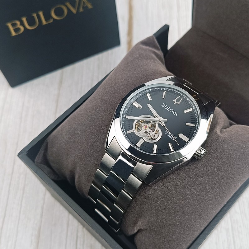 Bulova Surveyor Automatic Black Gold Dial Silver Steel Men Watch 42mm 96A270