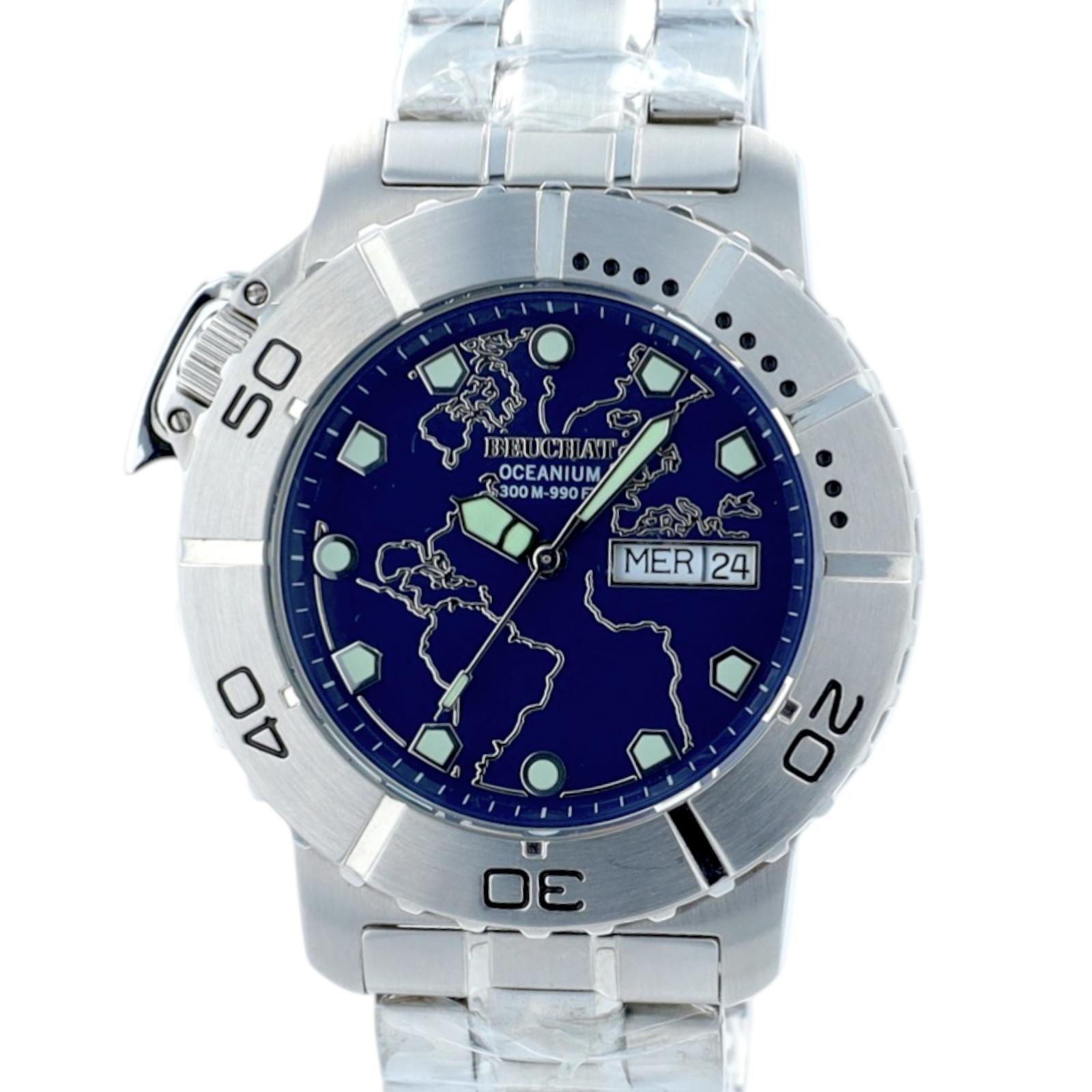 Beuchat Oceanium Mens Blue Watch 300M Diver World Map Dial Swiss Steel Day Date