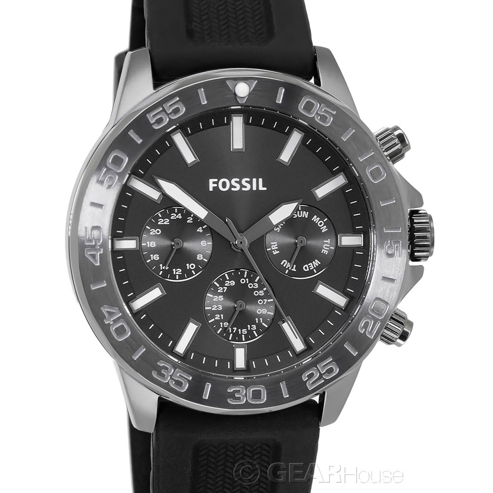 FOSSIL Bannon Mens Dark Gray Multifunction Watch, Day Date, Black Silicone Band