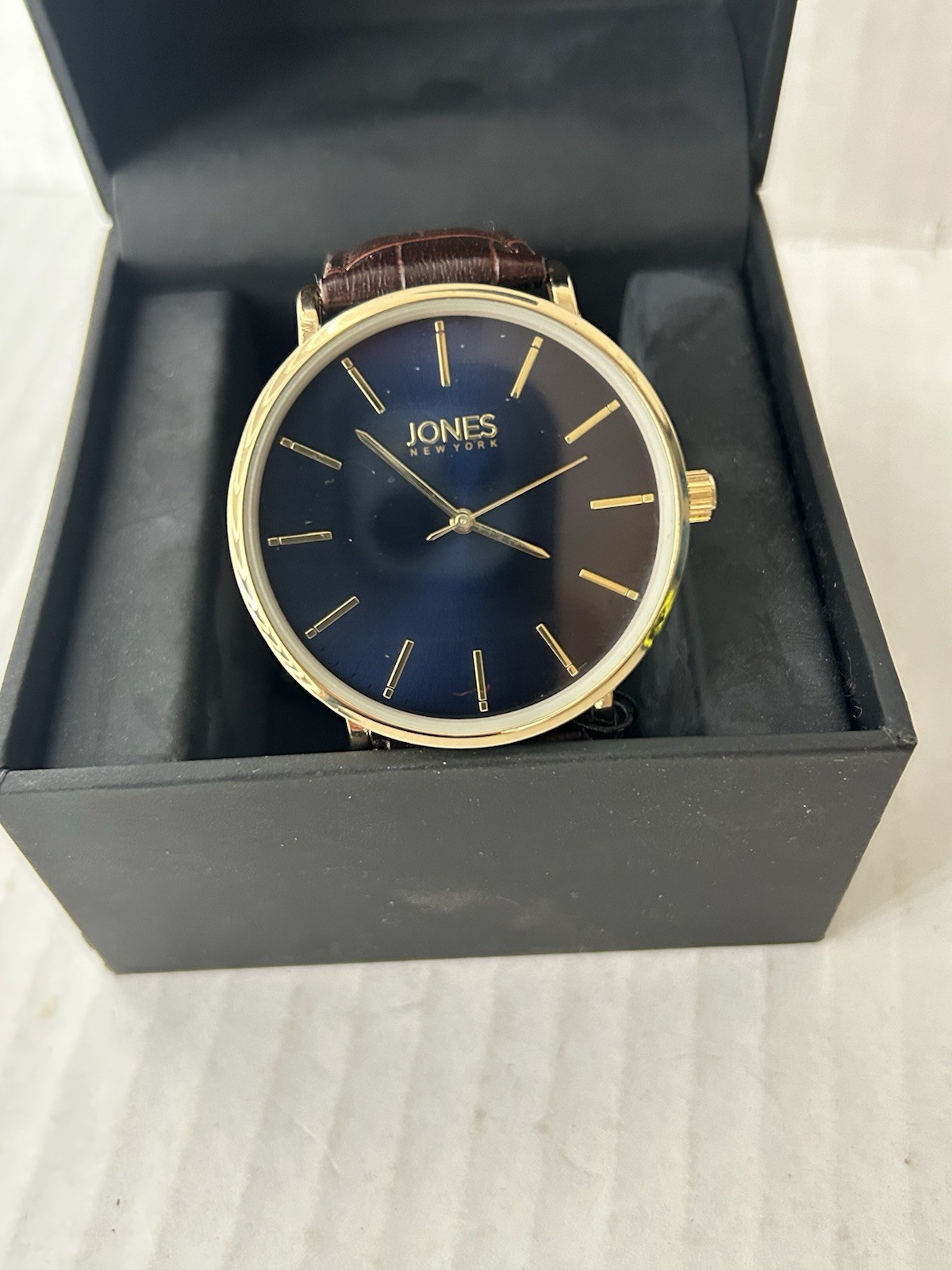 Jones New York Signature Quartz Blue Dial Gold-Tone Brown Leather Watch w/ Box