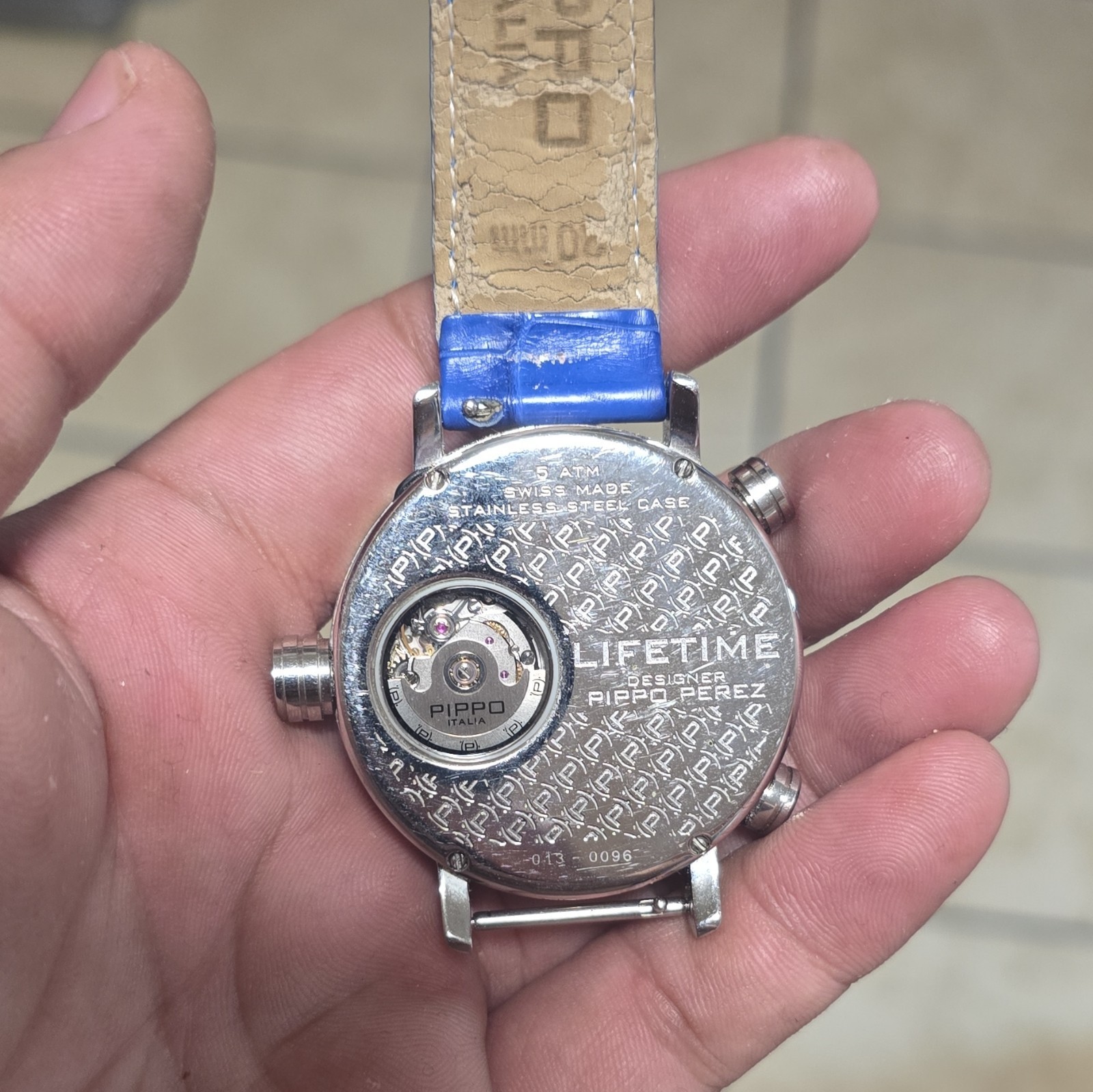 Pippo Lifetime Automatic Analog Watch 50m Silver Steel Blue Leather Strap