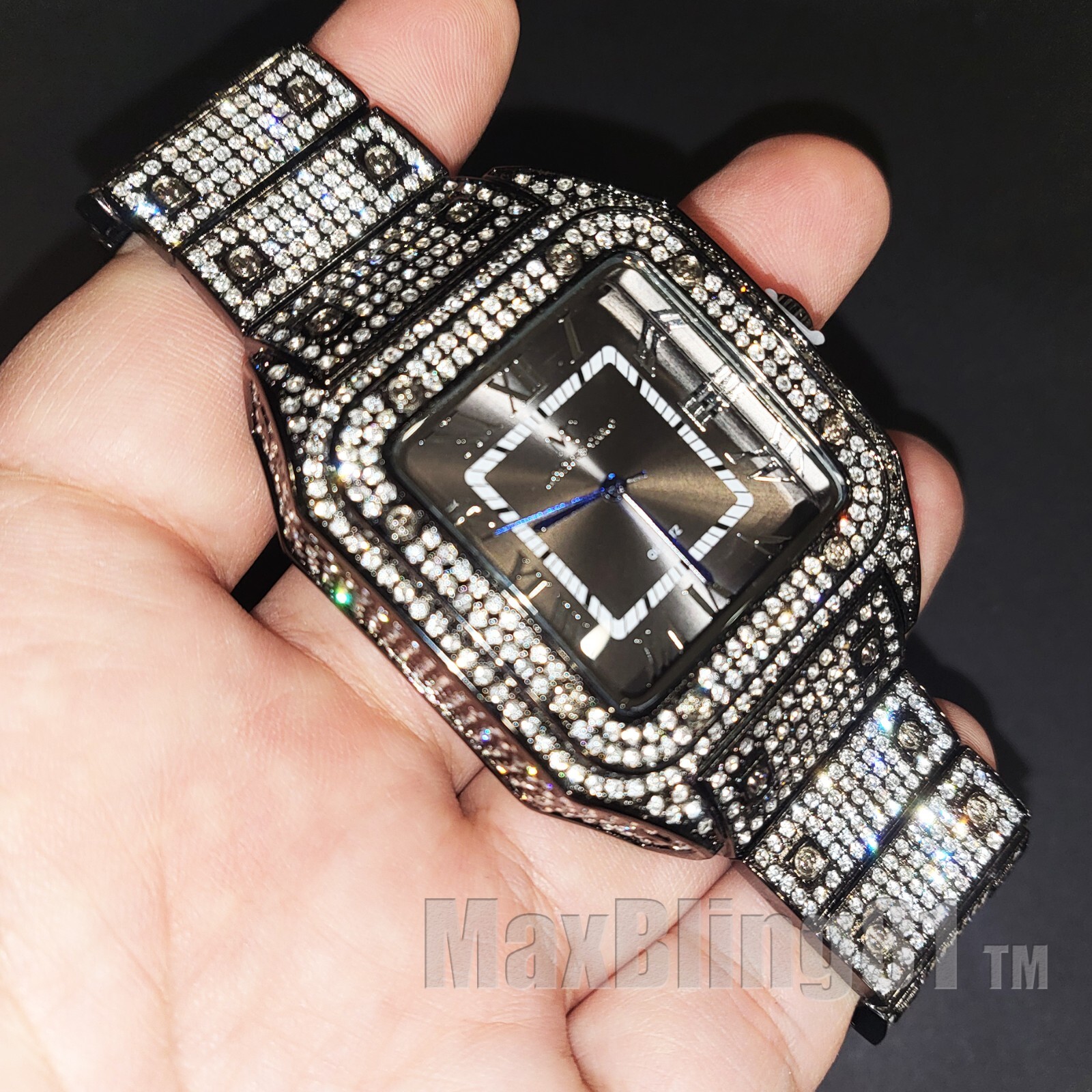 Men Luxury Iced Simulated Diamond Square Bracelet Metal Black Dress Watch