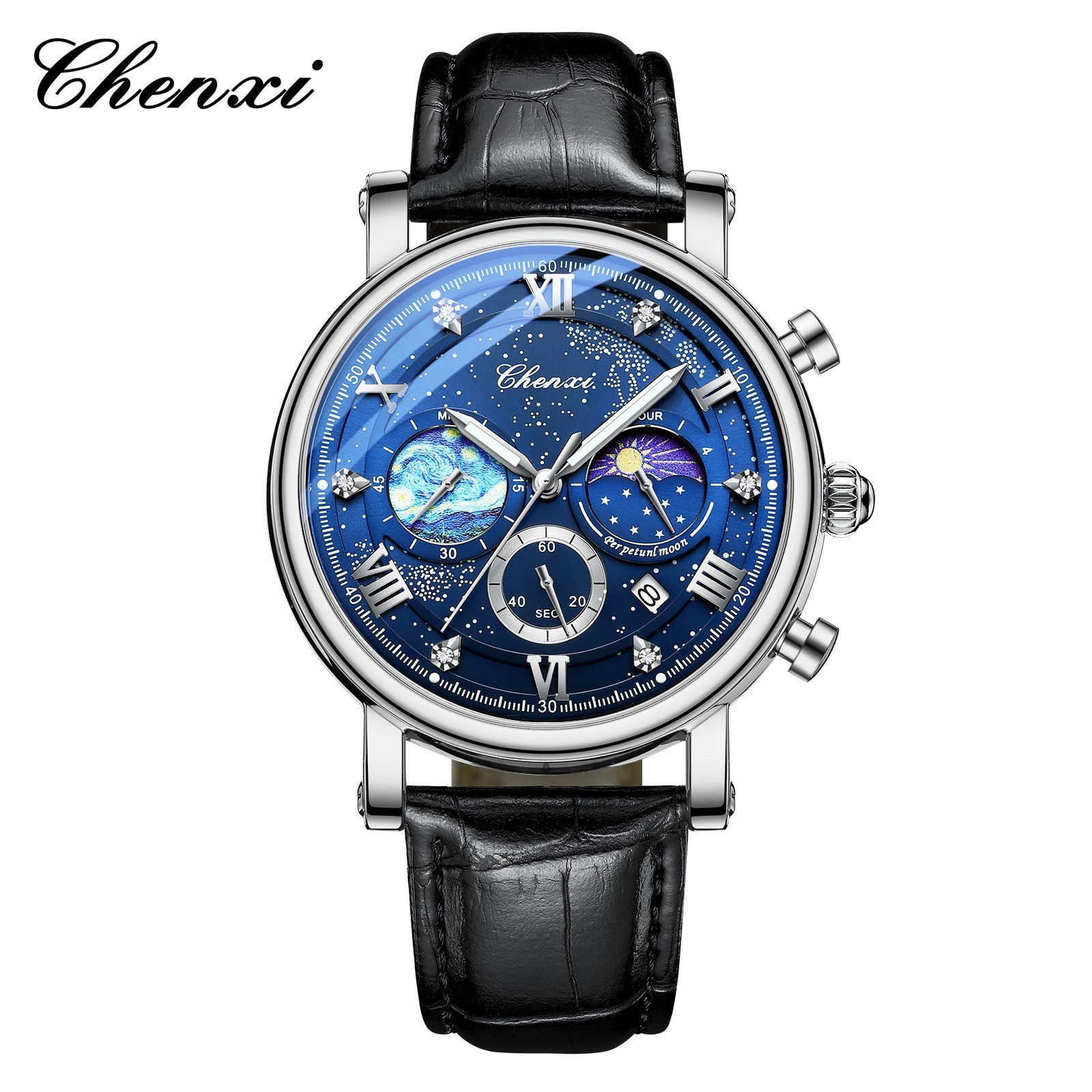 CHENXI Men’s Luminous Dial Calendar Chronograph Moon Phase Business Quartz Watch