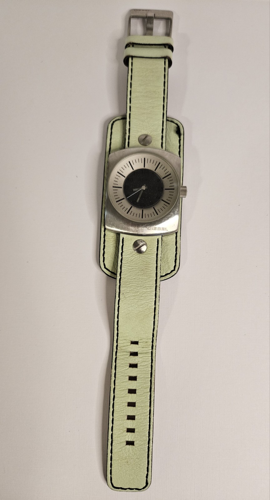 Diesel Analog Quartz Watch Square Silver Case Black/Silver Dial Green Leather