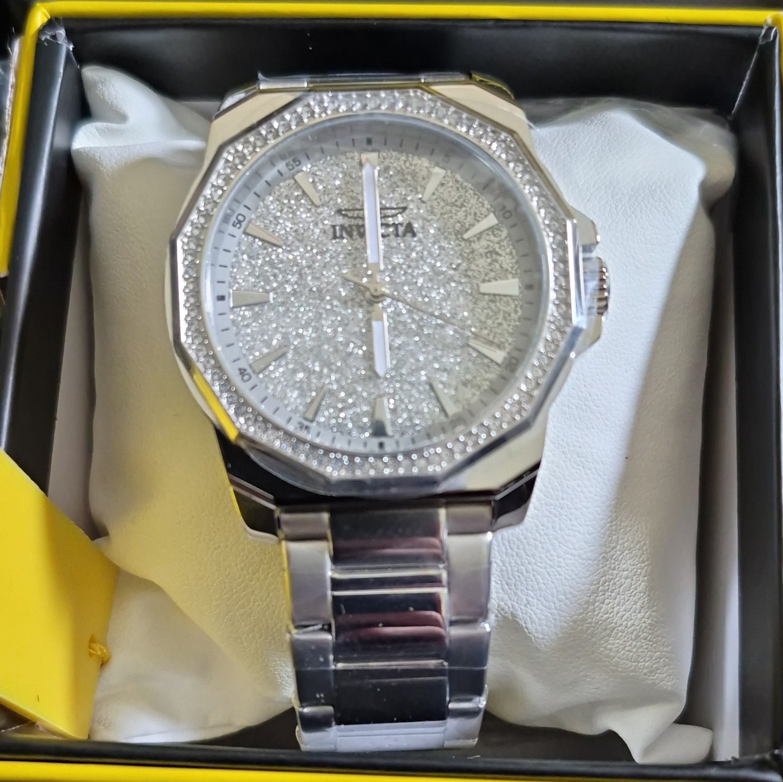 Invicta Quartz Analog Stainless Steel Watch Silver Glitter Dial 40-44mm Box