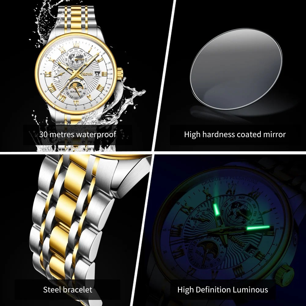 Automatic Mechanical Waterproof Watch Moon Phase Luxury Dial Men’s Men Strap