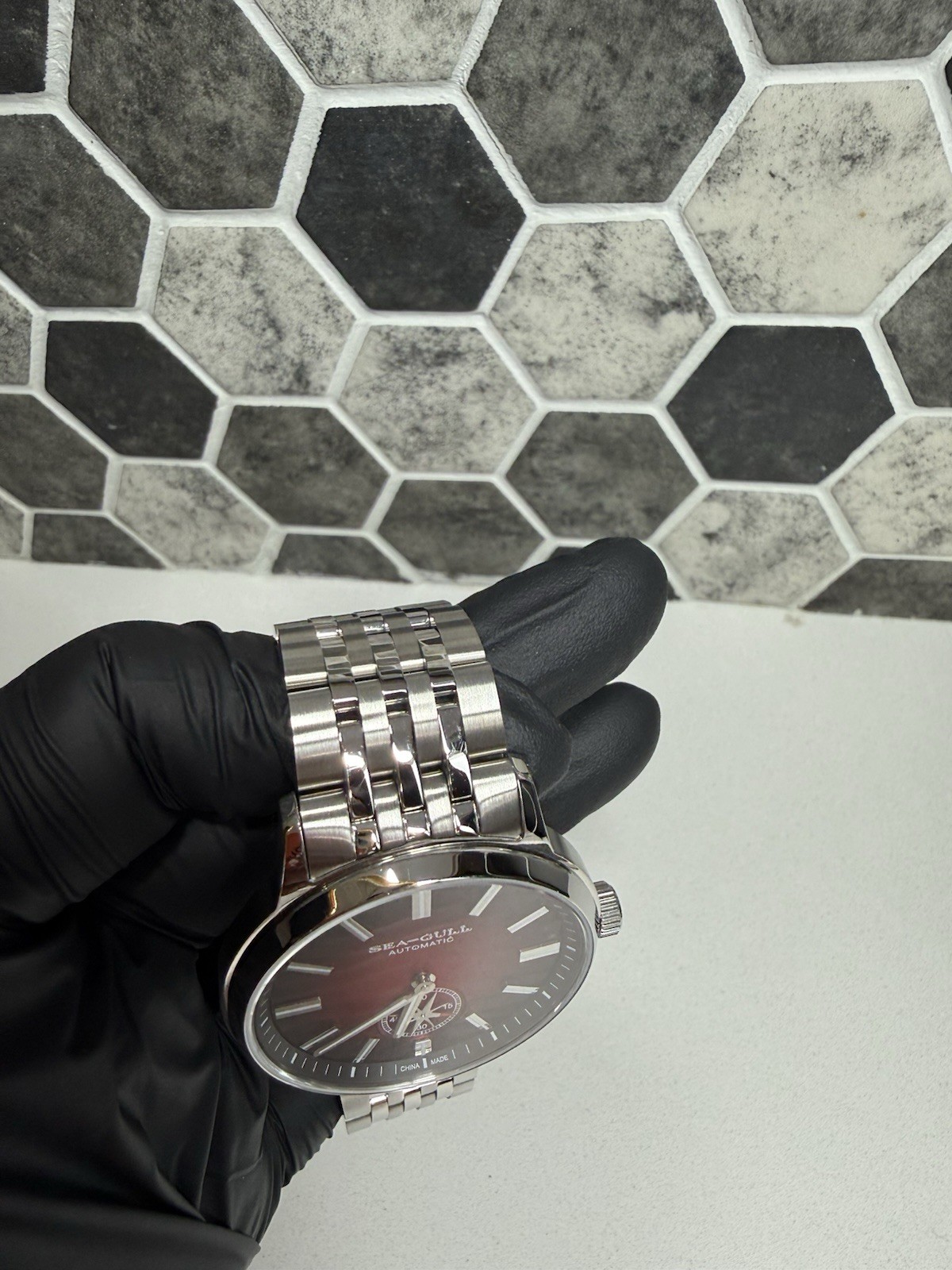 Seagull Automatic Mechanical Red/Black Dial Lume Small Sec SS Bracelet 50m
