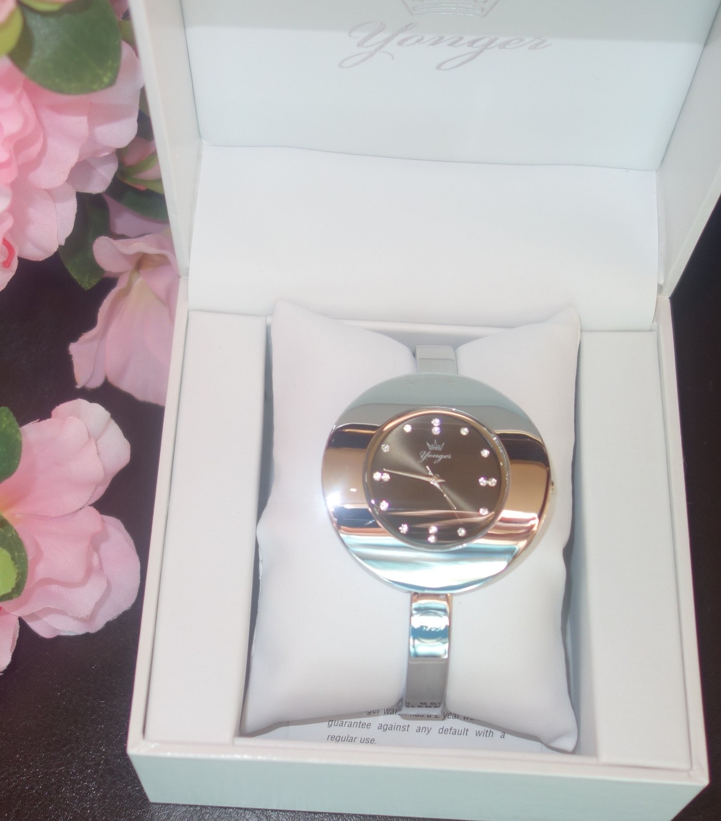 Yonger and Bresson Round Steel Black Dial Crystal Watch DMC 1485/01 new