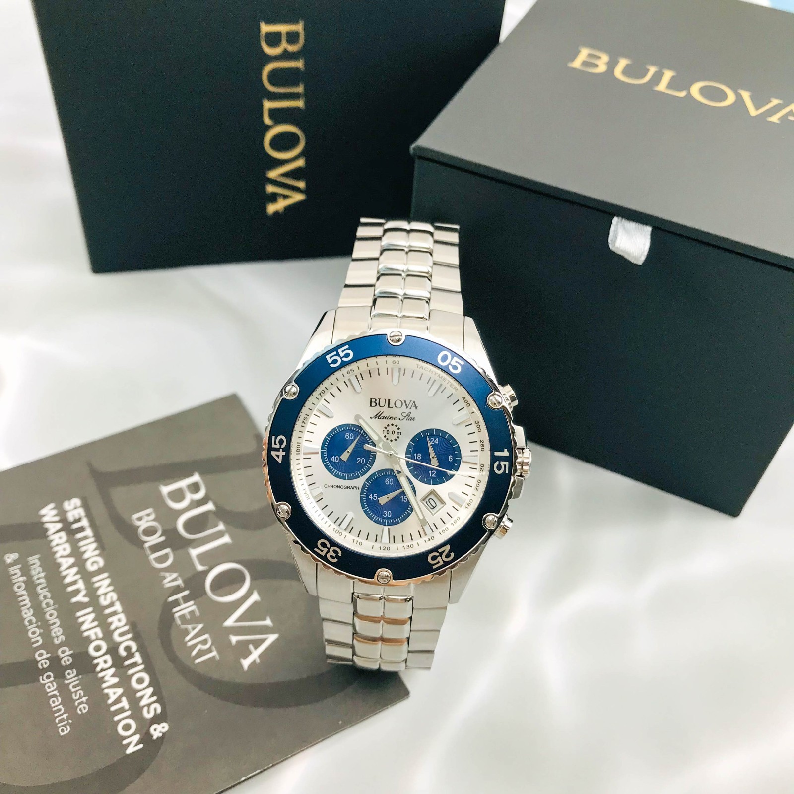 Bulova Marine Star 98B423 Silver Dial Chrono Men’s Steel Quartz Watch 41.5mm New