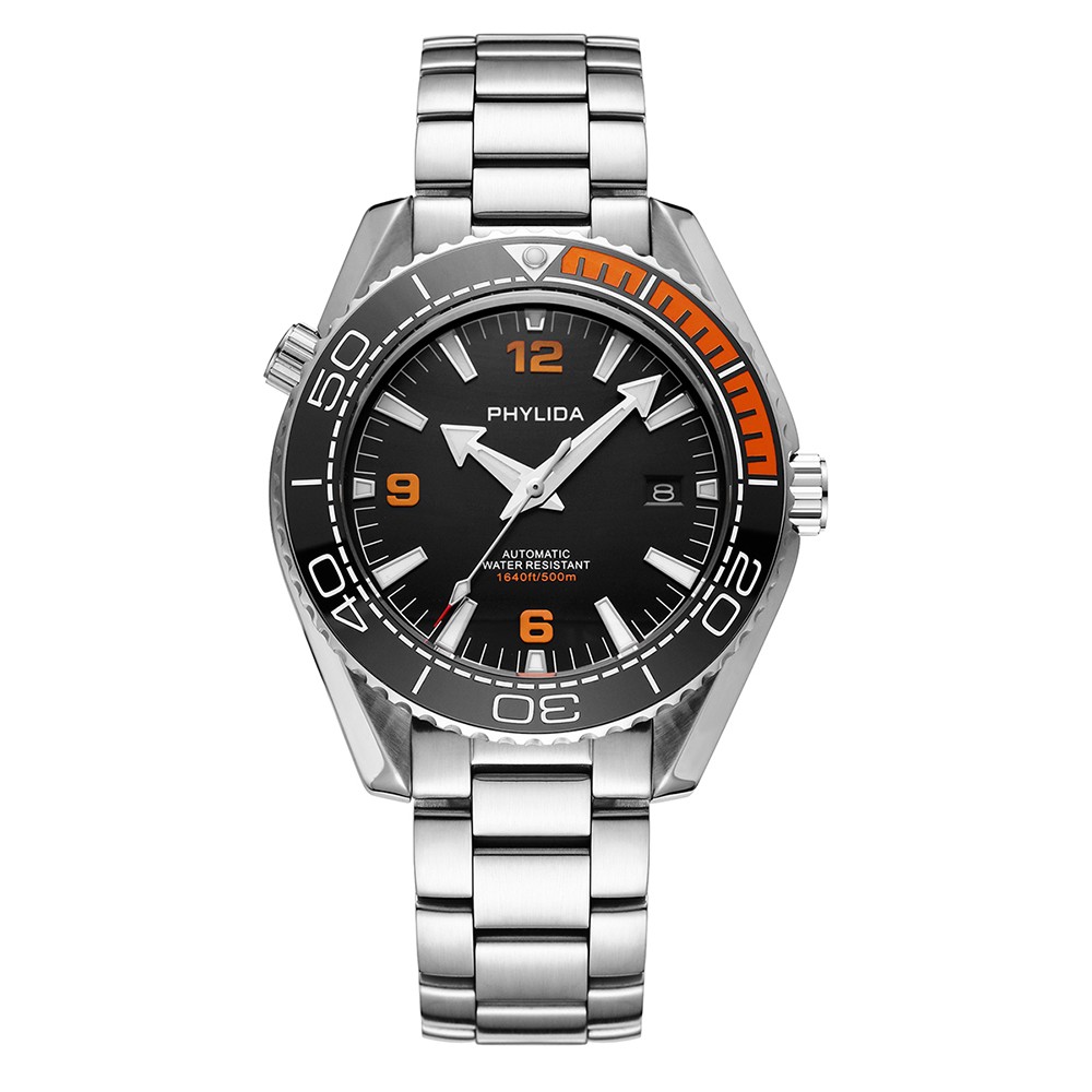 PHYLIDA 43.5mm Black Body Vibrant Orange Dial Sapphire Crystal NH35, 500m Depth
