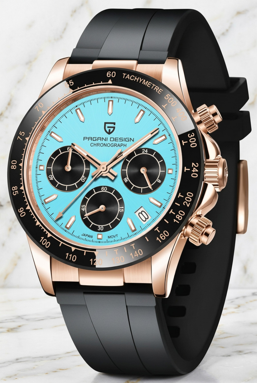 Men’s Quartz Movement 40mm Watch Ceramic Bezel Silicone Strap Tiffany Blue Dial