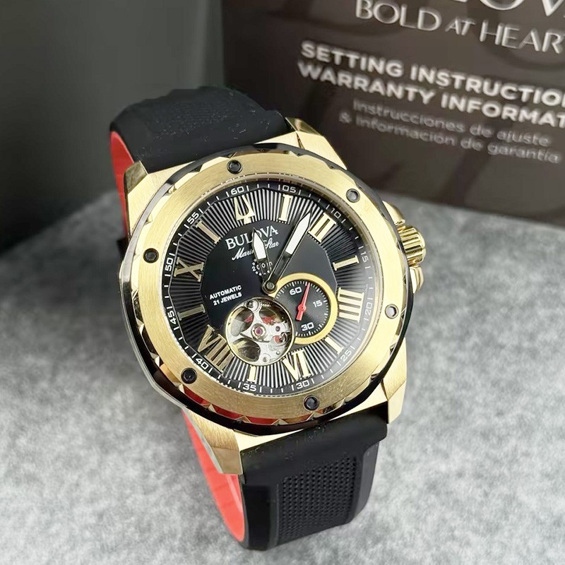 Bulova Marine Star 98A272 Black Gold Dial Rubber Strap Automatic Men’s Watch