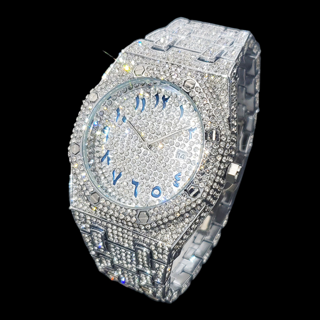 Bust Down Date Arabic Numerals VVS Iced Out Diamond Watch, Big Mens Watch