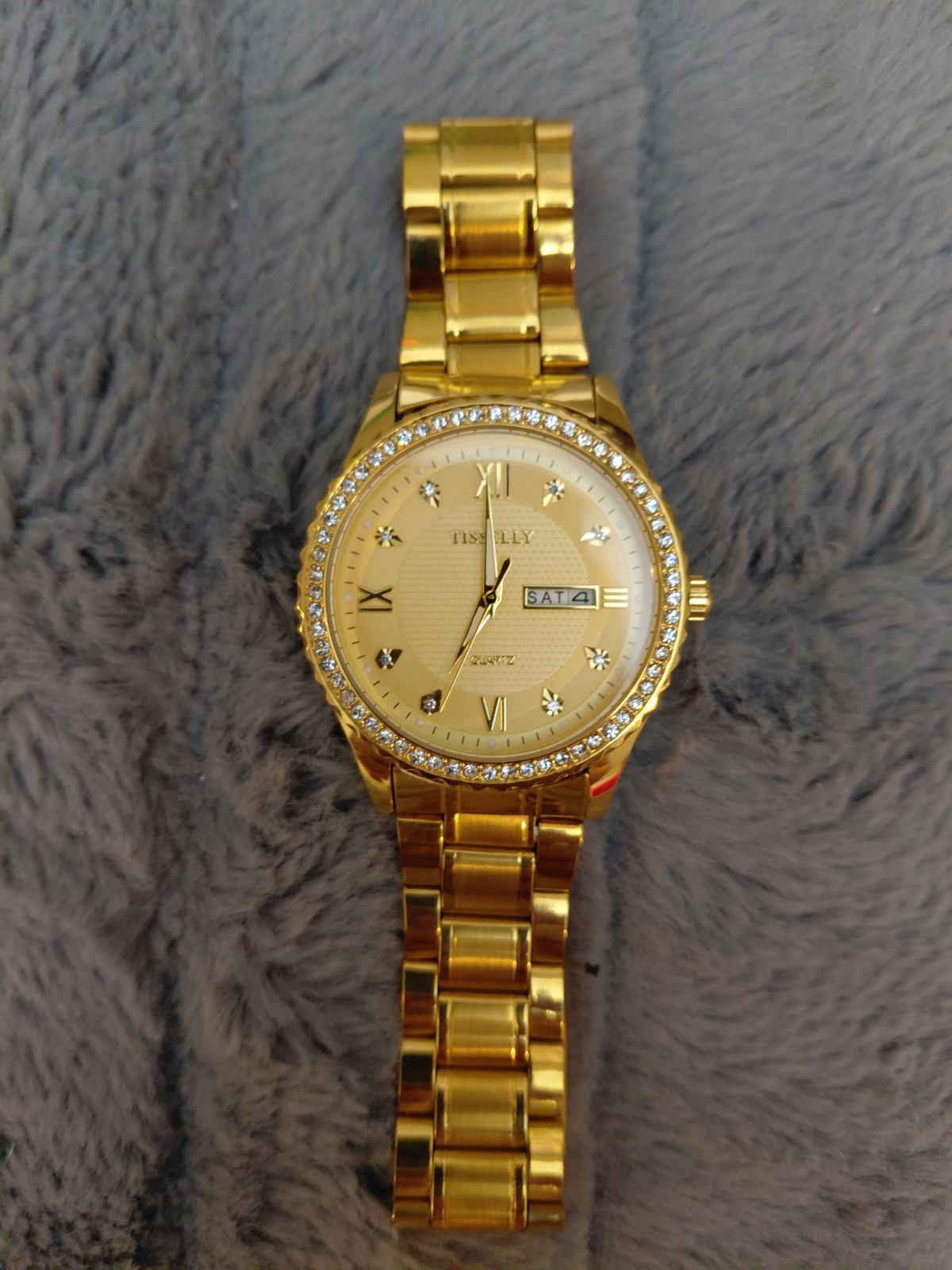 TISSELLY T808 Men’s Round Waterproof Watch Glitter Diamond Face Gold Tone w/BATT