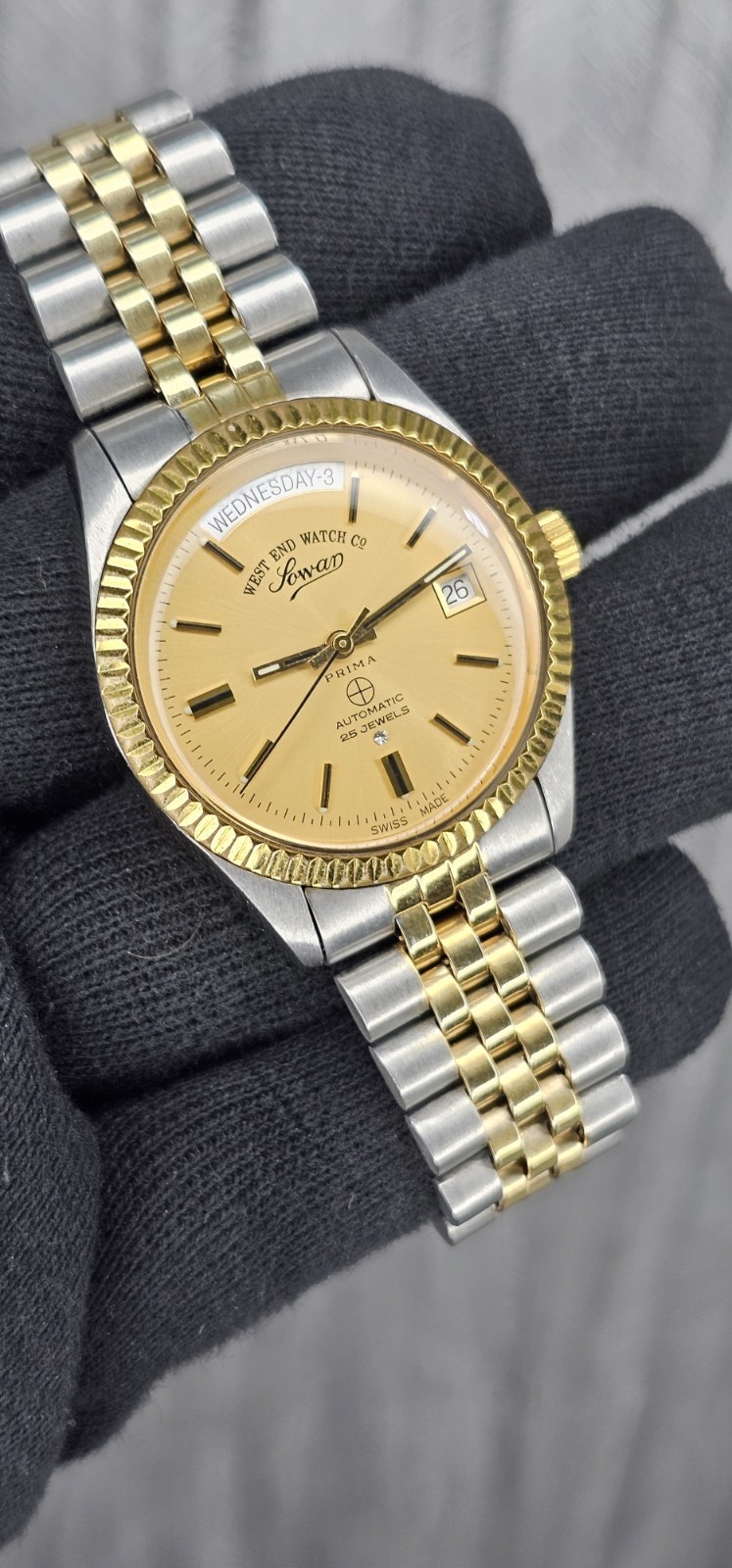 West End Watch President Day/Date 25 Jewels Two Tone Golden Dial Mens Wrist Watc