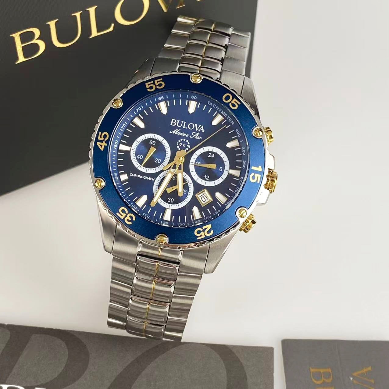New Bulova 41.5 mm Marine Star Blue Dial Men’s Chronograph Quartz Watch 98B400