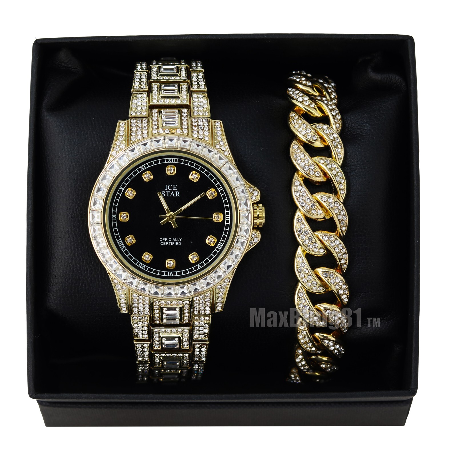 HIP HOP SIMULATED DIAMOND LUXURY RAPPER STYLE WATCH & ICED CUBAN BRACELET SET