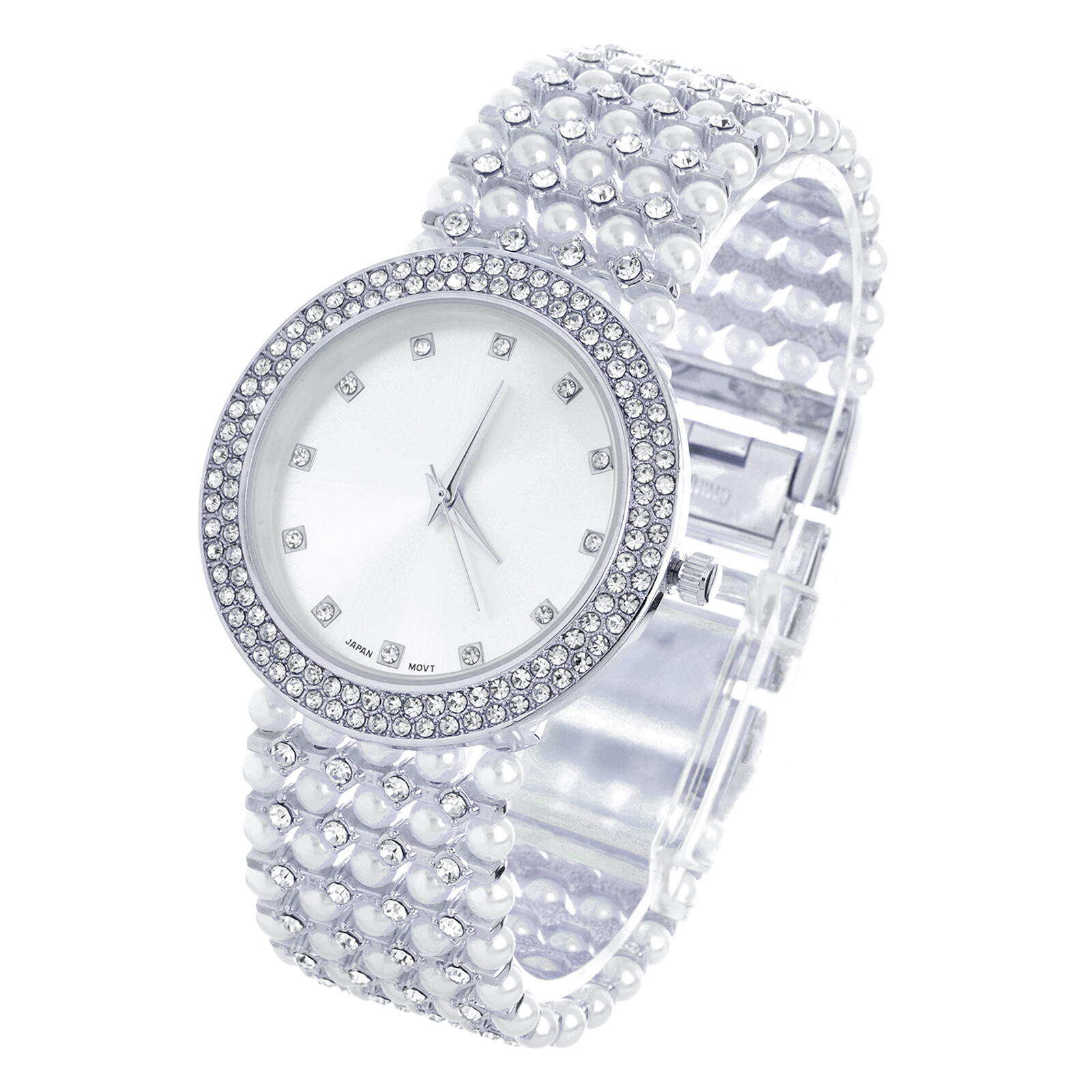 Lady’s Women’s Bling Rose Gold Silver Plated Pearl Metal Band Watches WM 1566