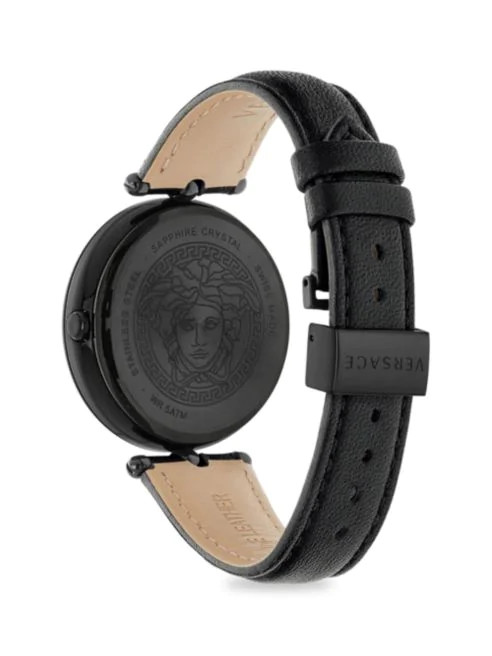 VERSACE BLACK DIAL LOGO BLACK LEATHER STRAP SWISS QUARTZ MOVEMENT WATCH