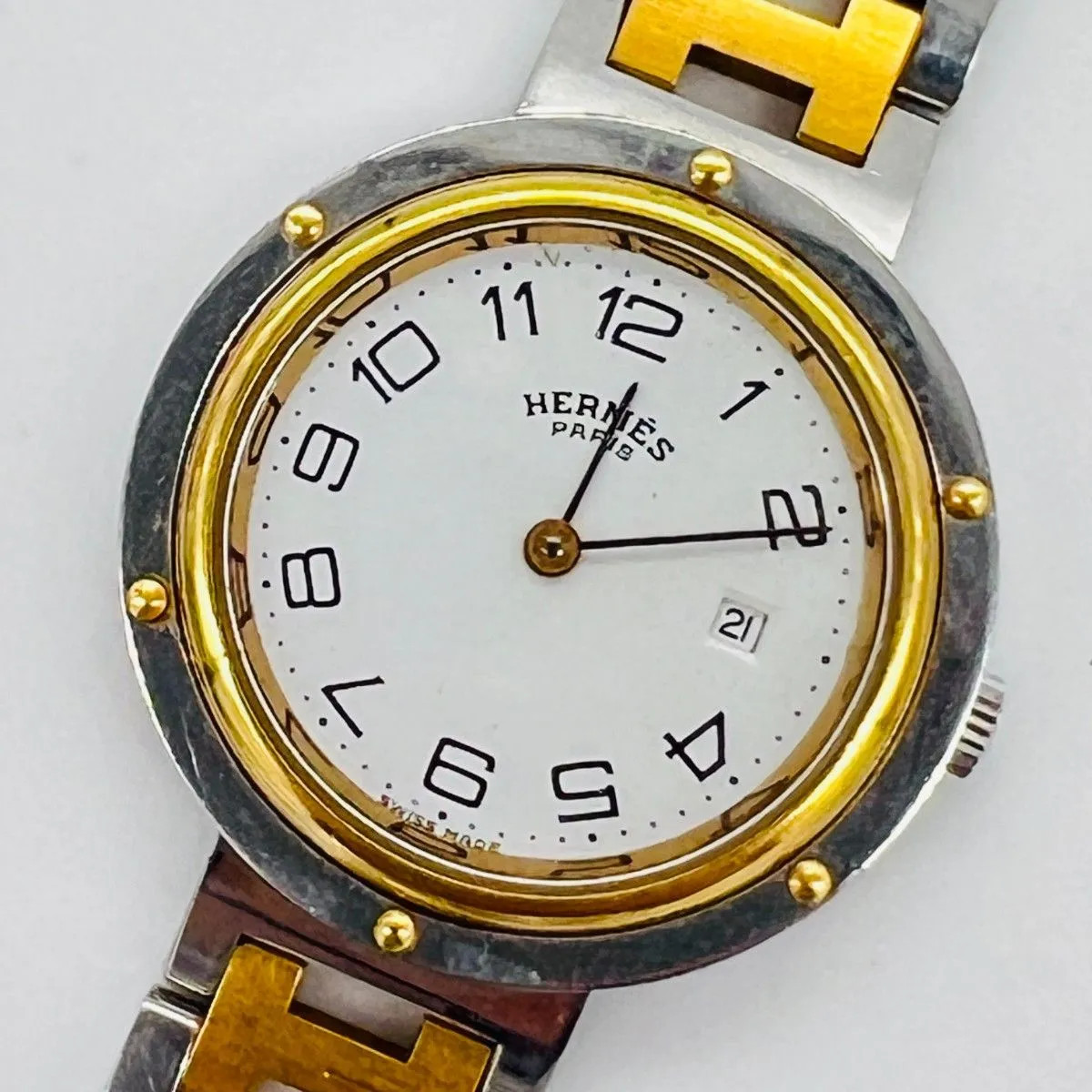 HERMES Clipper Watch White Dial Silver x Gold Combination Color Battery Replaced