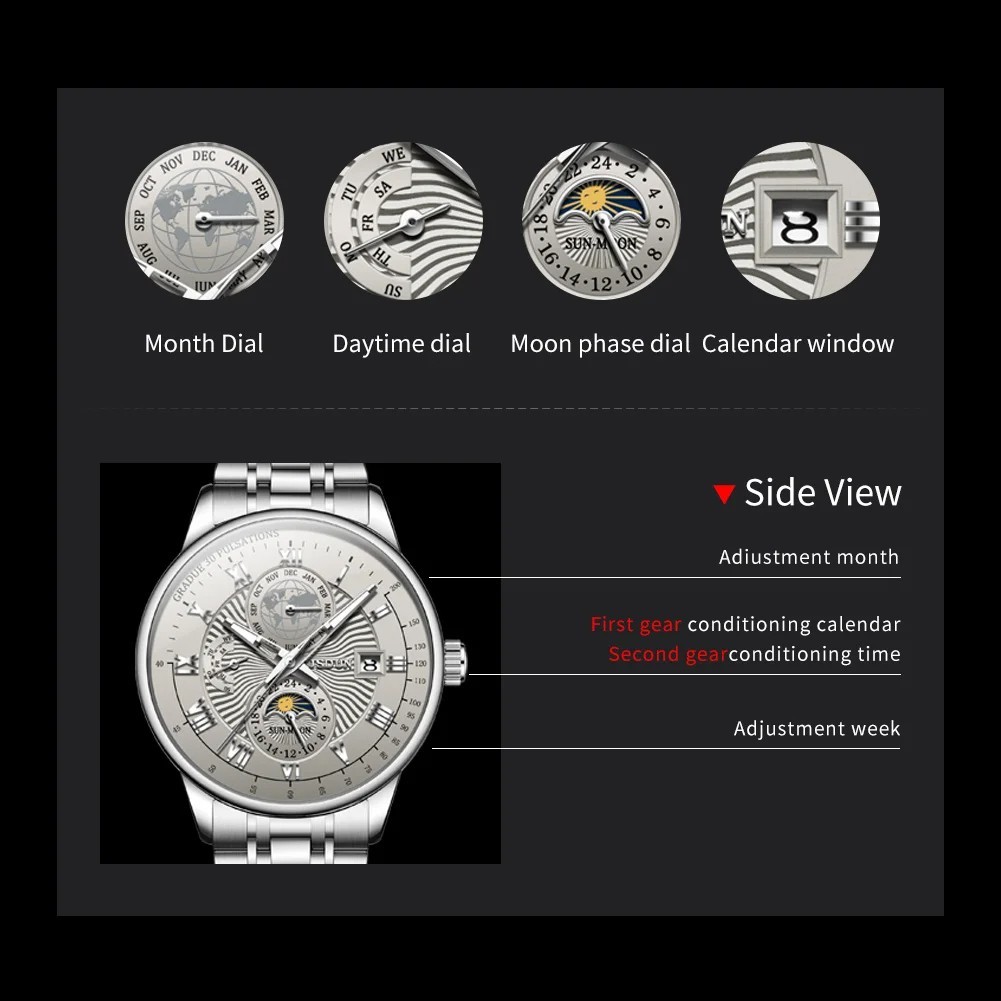 Automatic Mechanical Waterproof Watch Men’s Moon Phase Luxury Date Men Strap