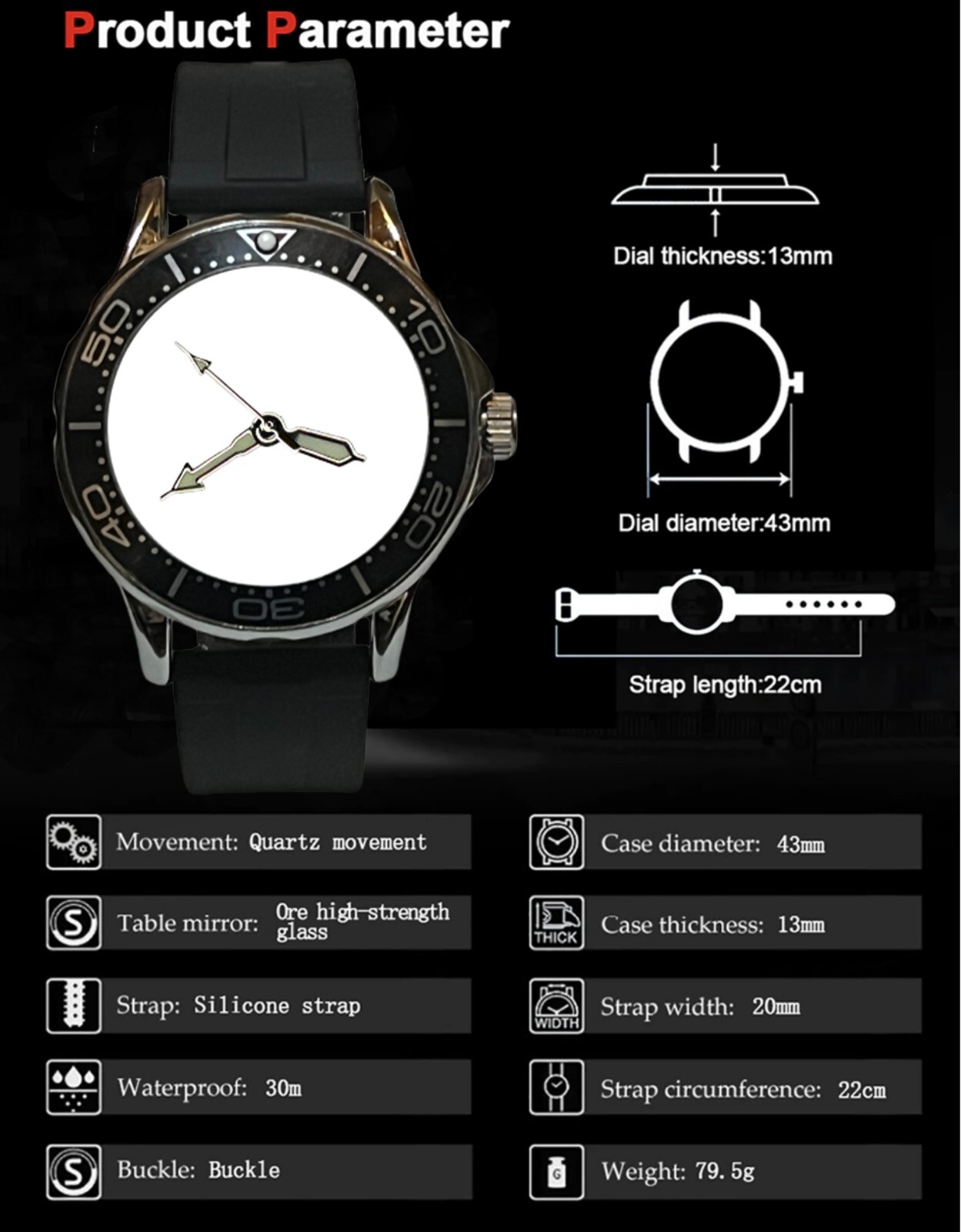 Custom Made Personalize Watch 43mm Case Silicone Black 20mm Band LOGO Design art