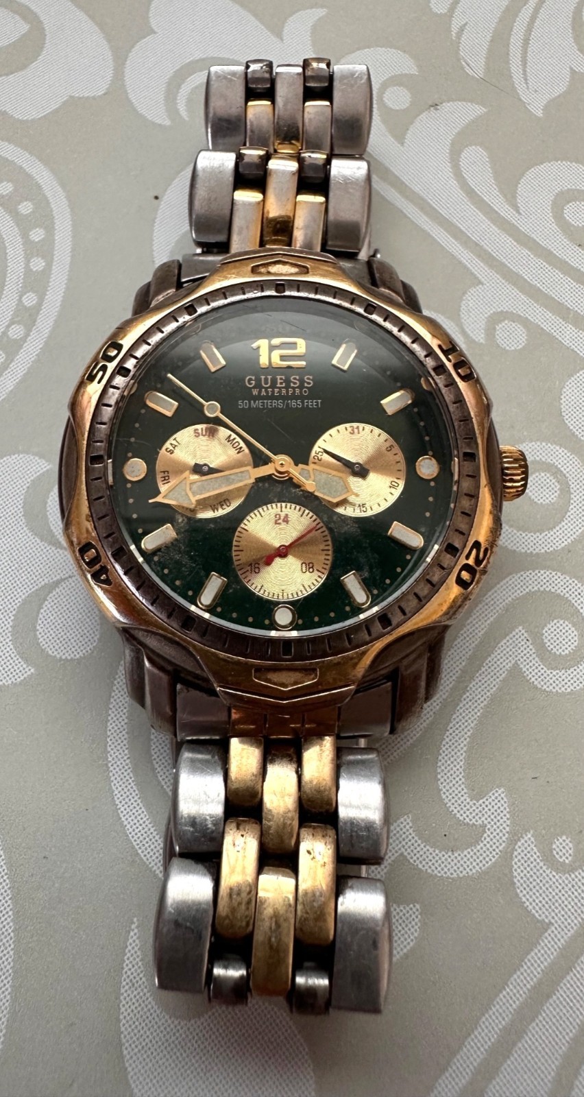 Guess Waterpro Mens Two Tone Chronograph Watch Green Dial SOLD AS IS